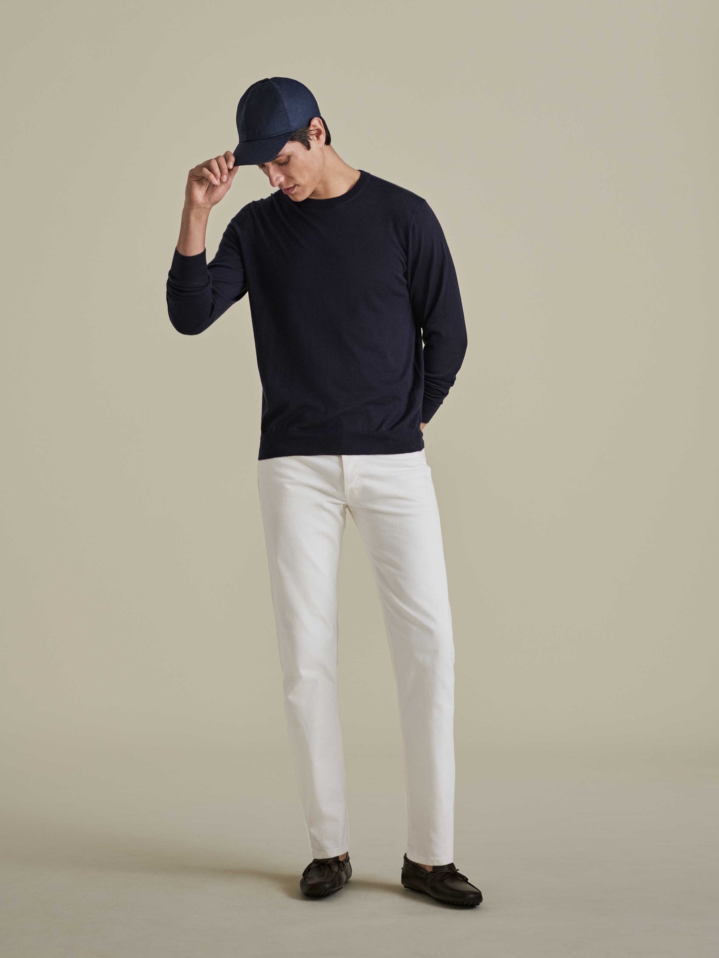 Cashmere Silk Ribbed Long Sleeve T-Shirt Navy Model Image