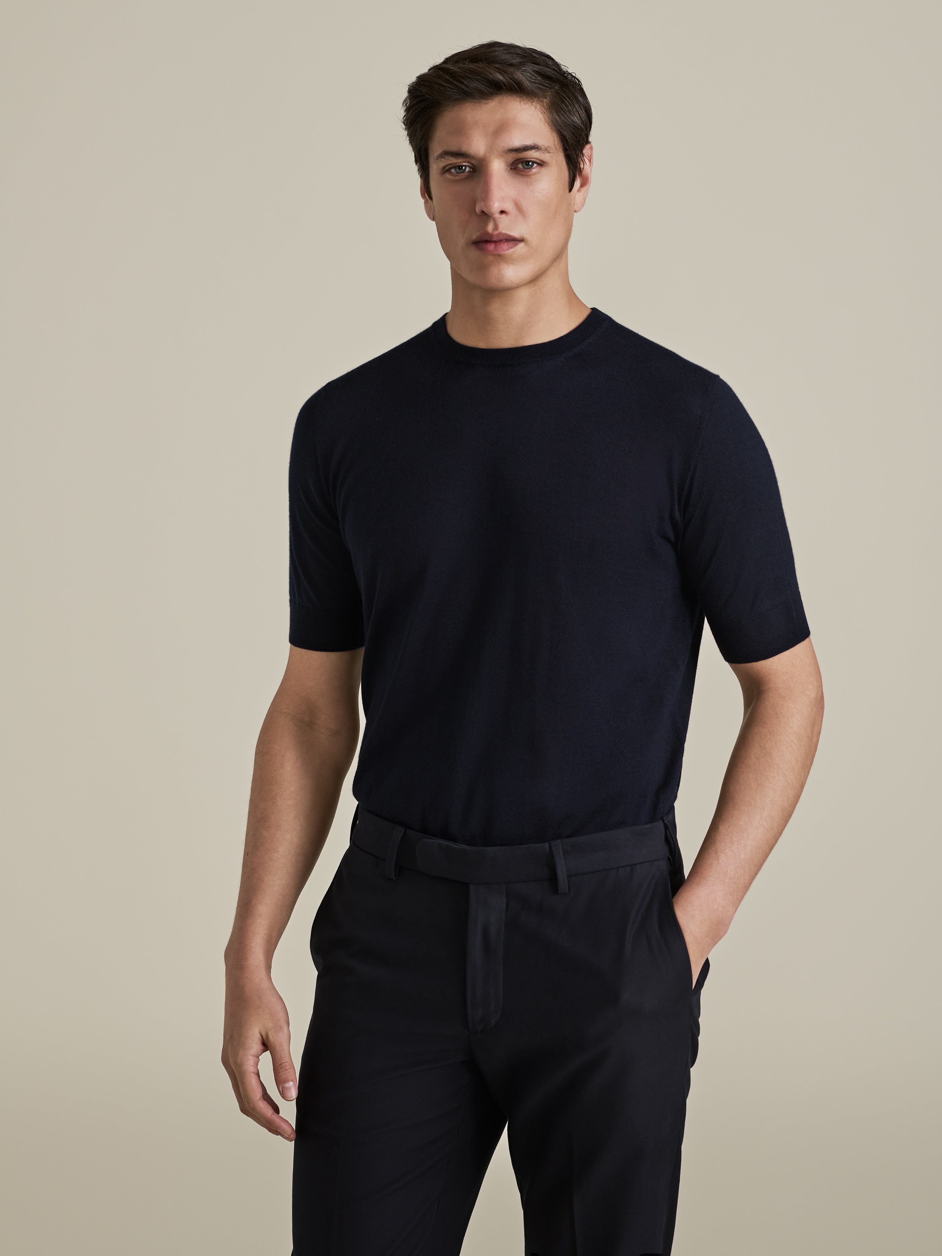 Cashmere Silk Ribbed T-Shirt Navy Model Cropped Image