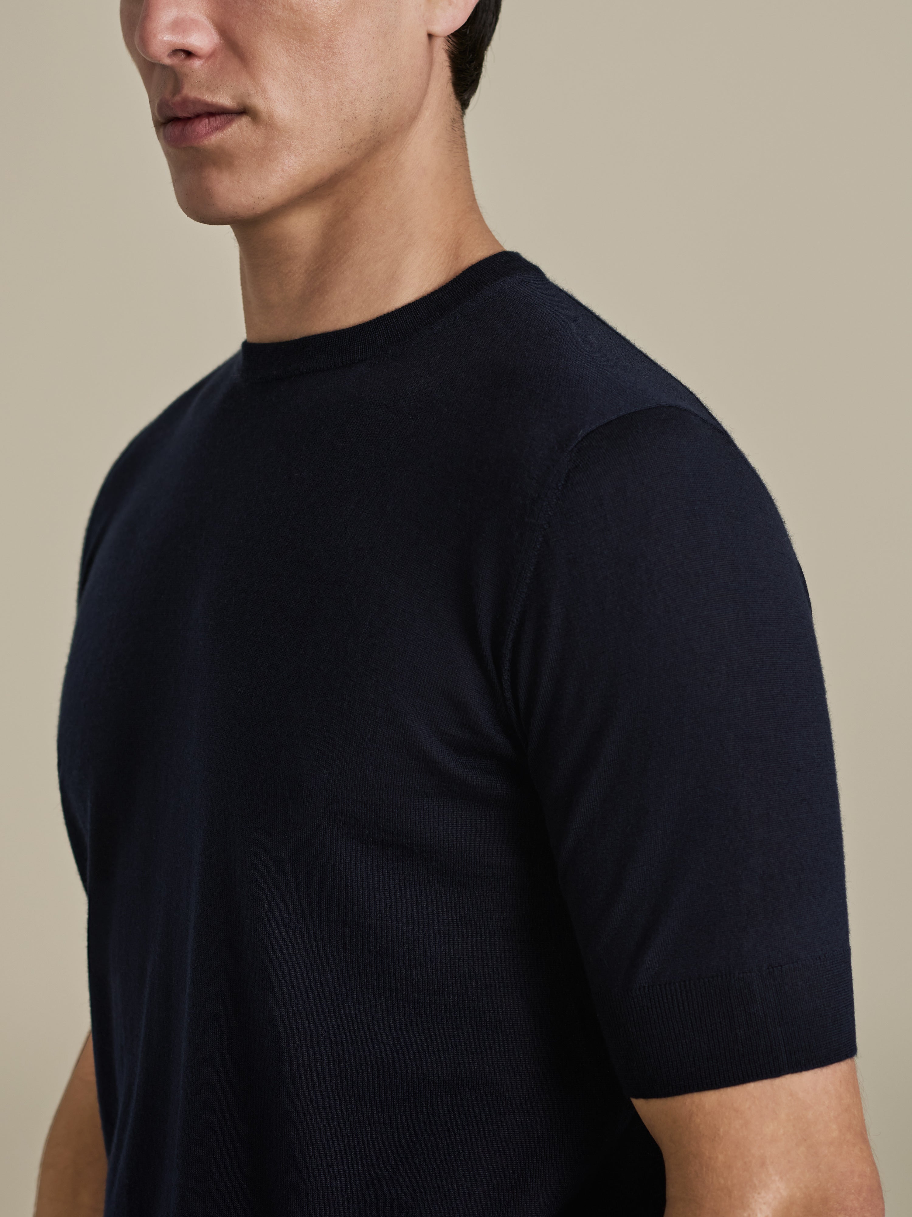 Cashmere Silk Ribbed T-Shirt Navy Model Sleeve Image