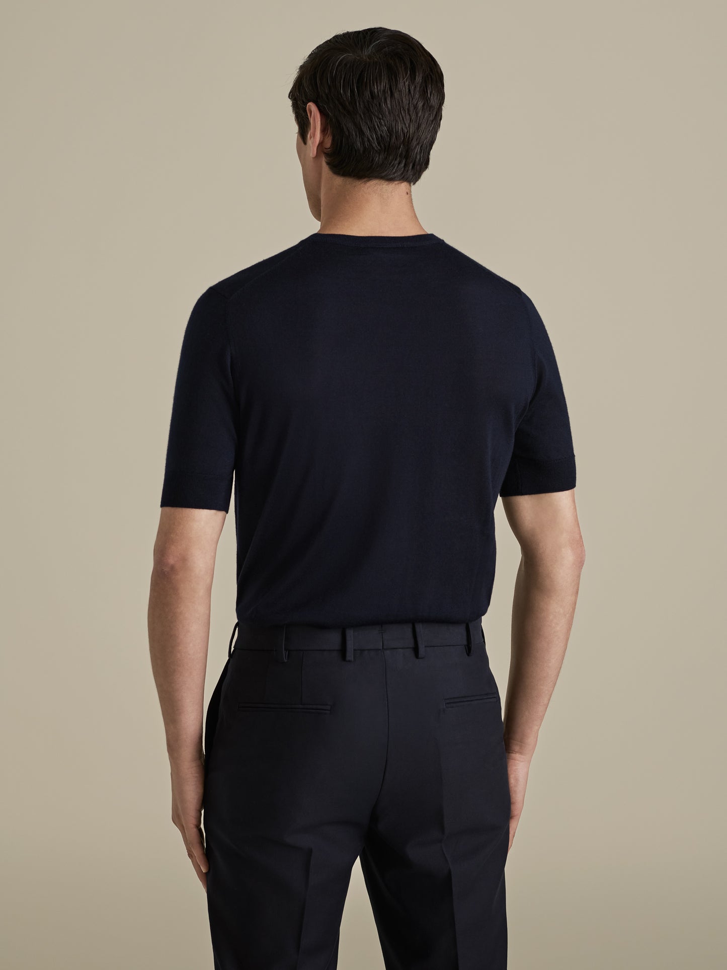 Cashmere Silk Ribbed T-Shirt Navy Model Back Image