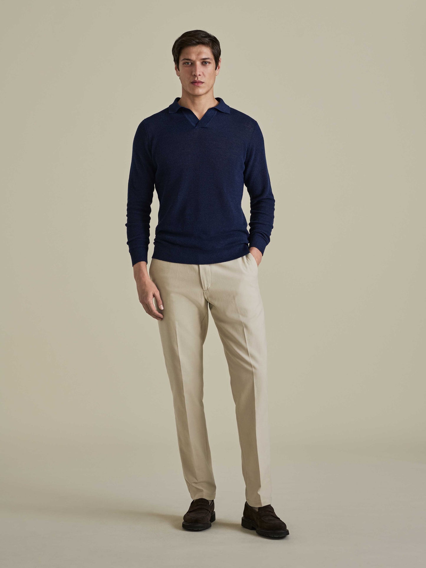 Linen Cotton Long Sleeve Skipper Polo Shirt Navy Model Image