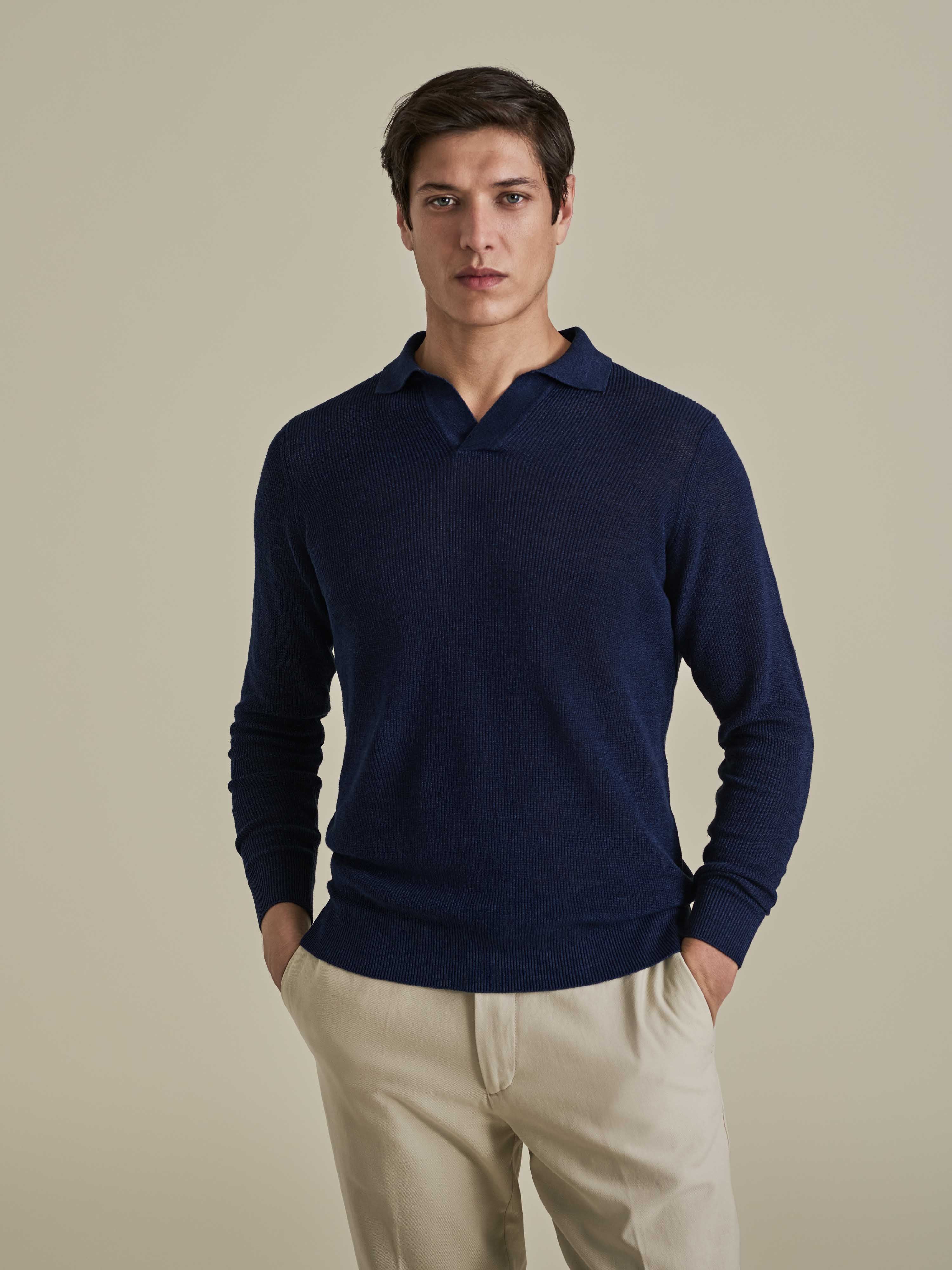 Linen Cotton Long Sleeve Skipper Polo Shirt Navy Model Cropped Image