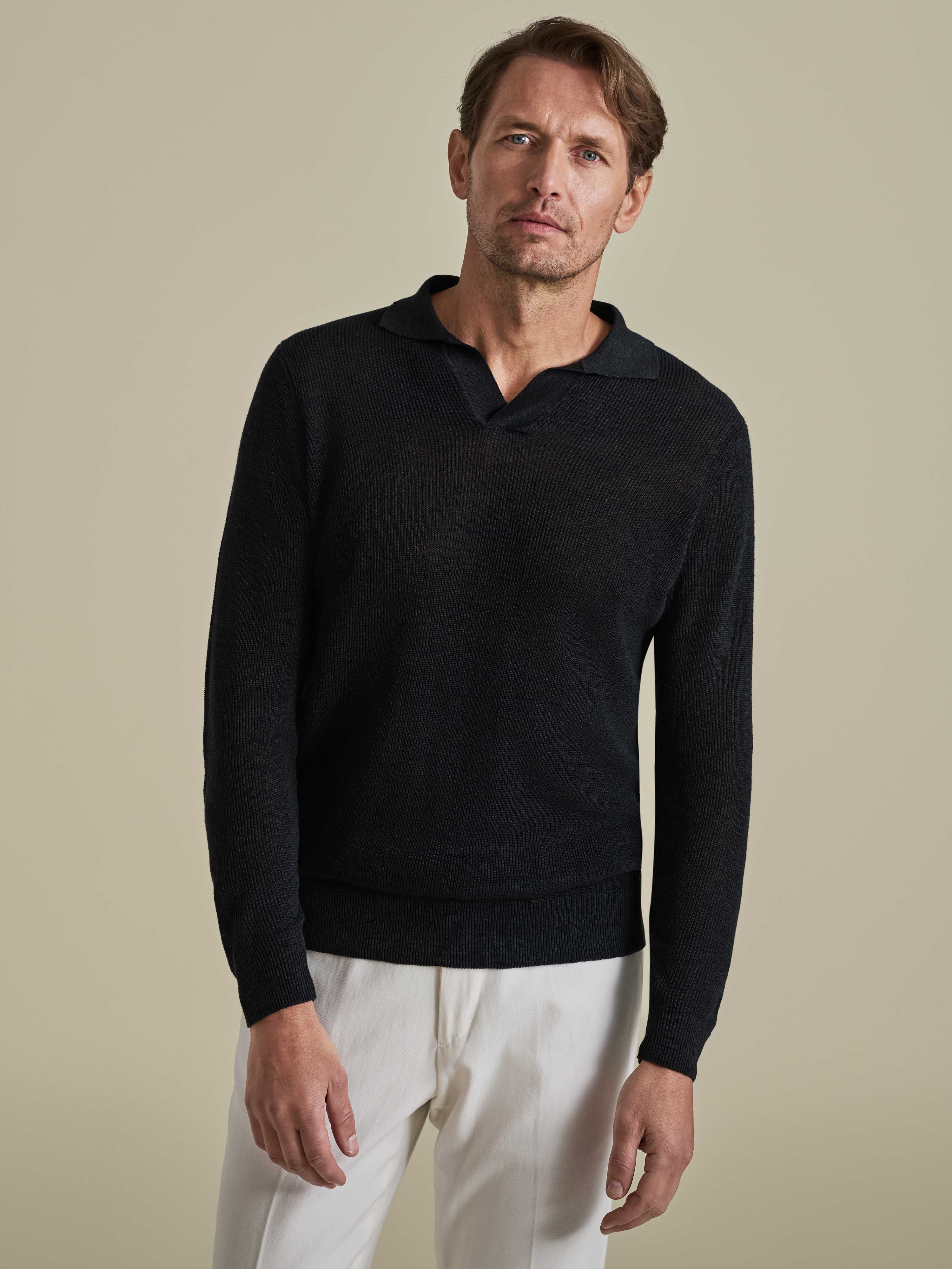 Linen Cotton Long Sleeve Skipper Polo Shirt Black Model Cropped Image