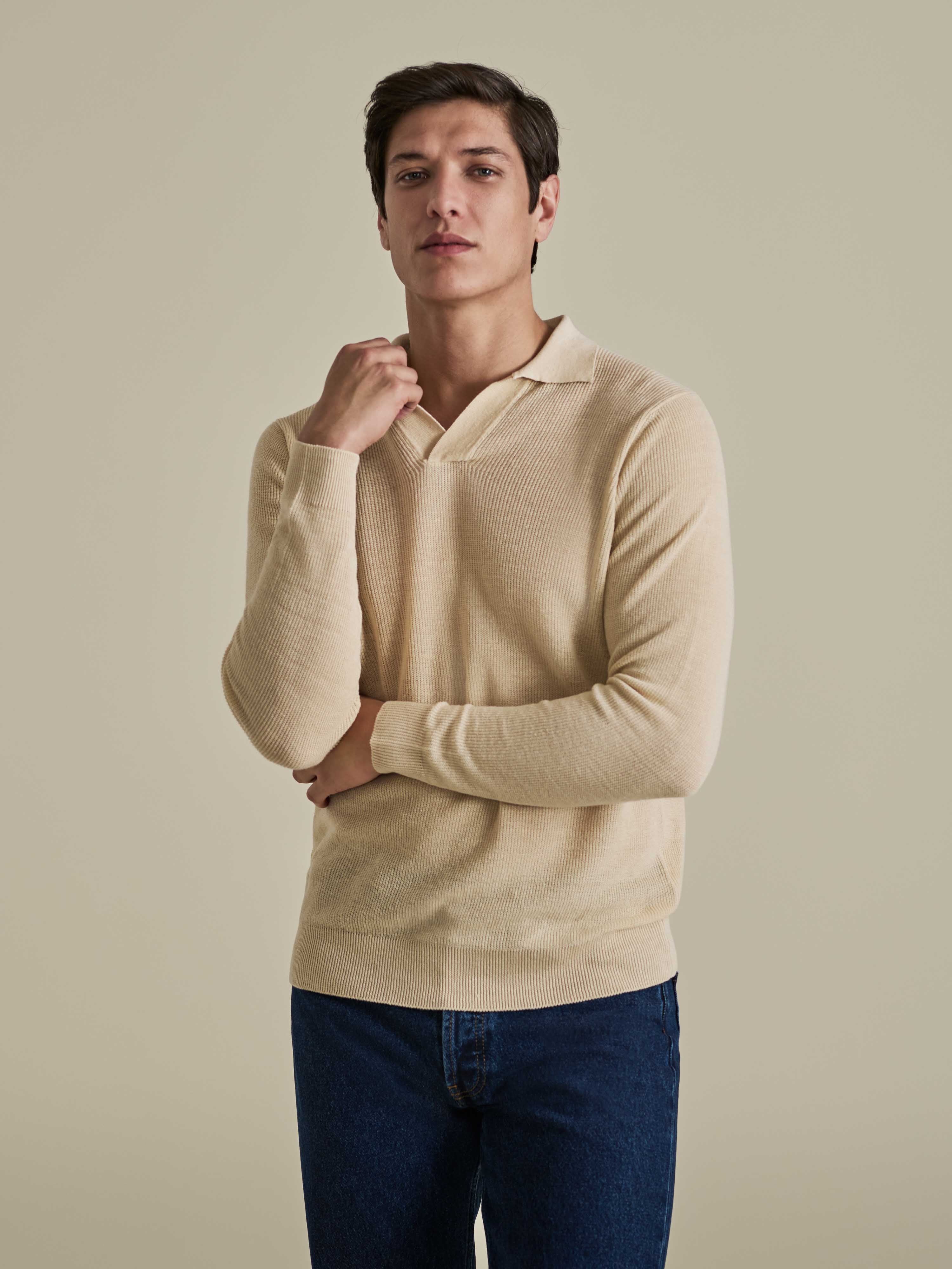 Linen Cotton Long Sleeve Skipper Polo Shirt Beige Model Cropped Image