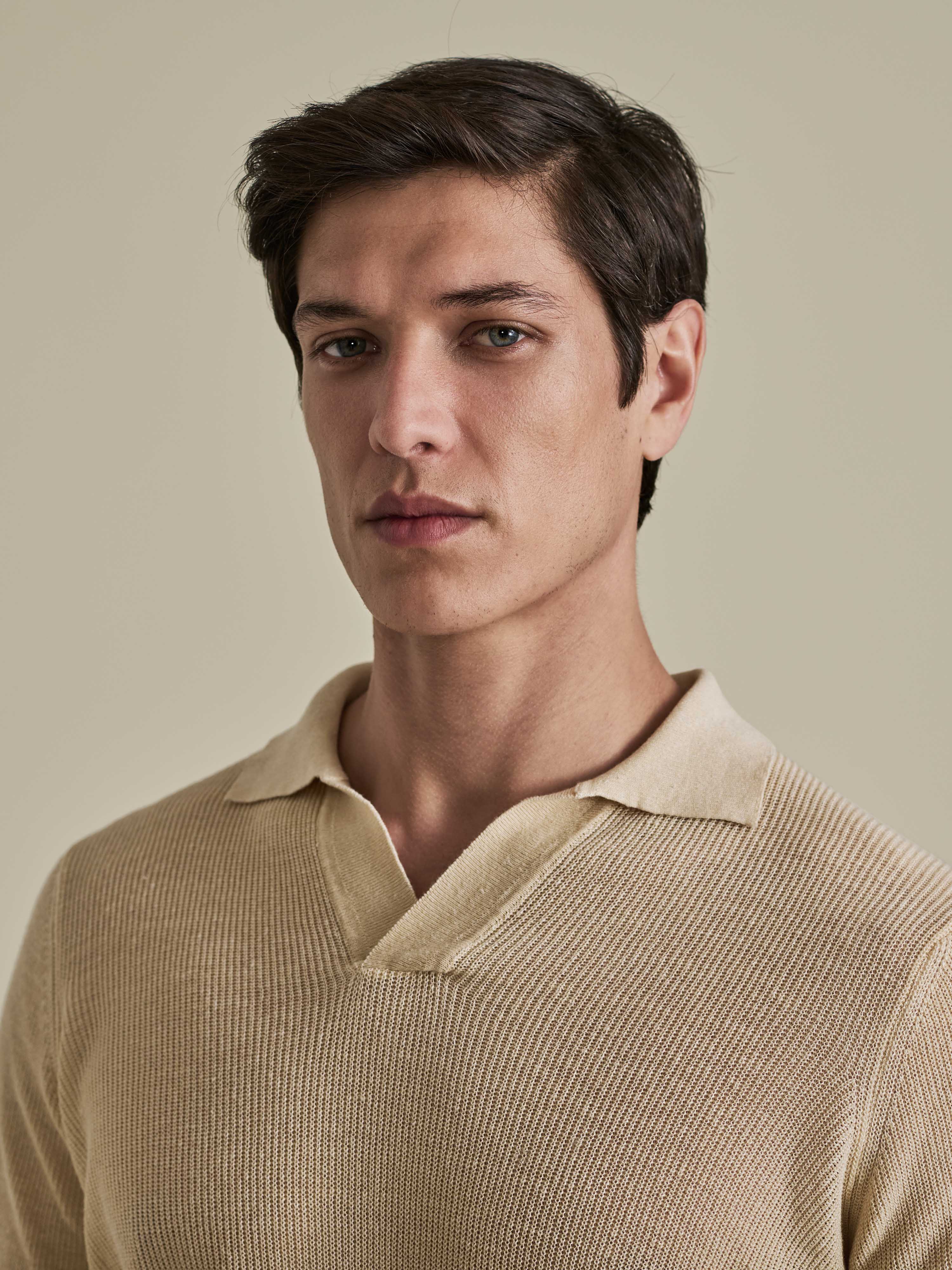 Linen Cotton Long Sleeve Skipper Polo Shirt Beige Model Neck Image