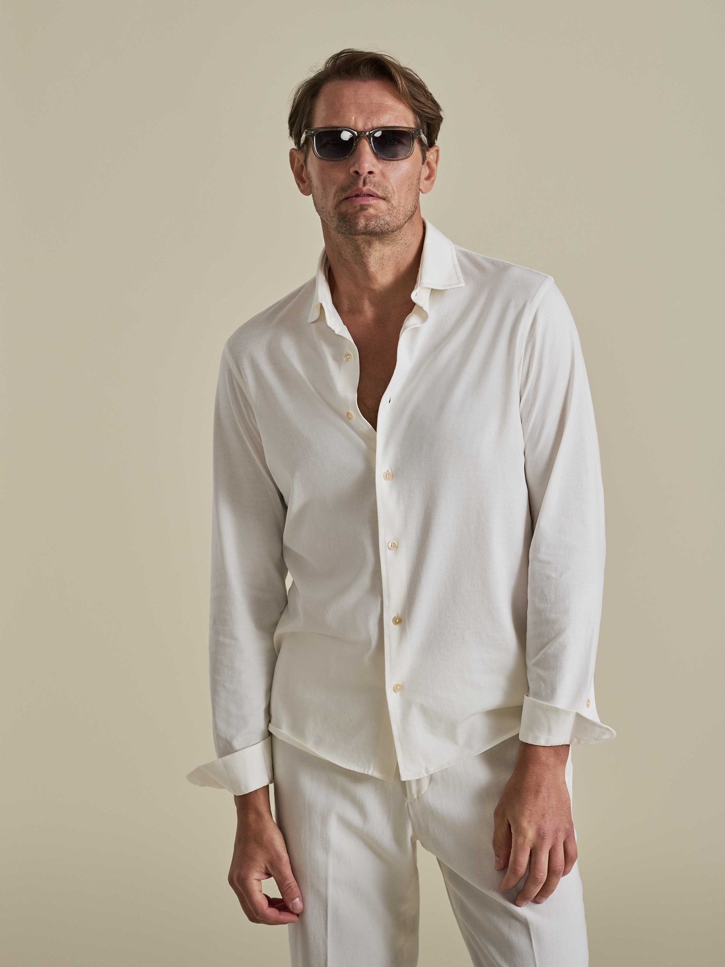 Cotton Jersey Long Sleeve Button Through Polo Shirt Off White Model Cropped Image