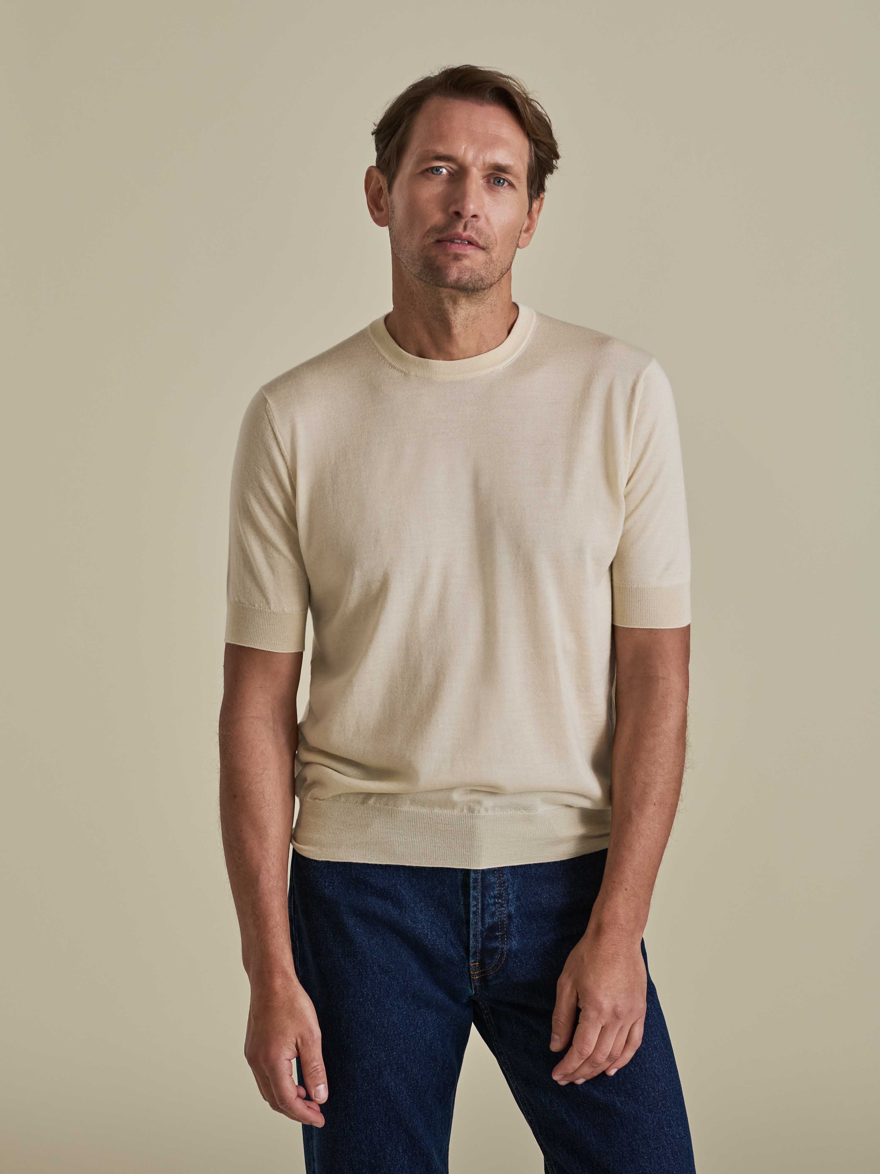 Cashmere Silk Ribbed T-Shirt Oat Model Cropped Image