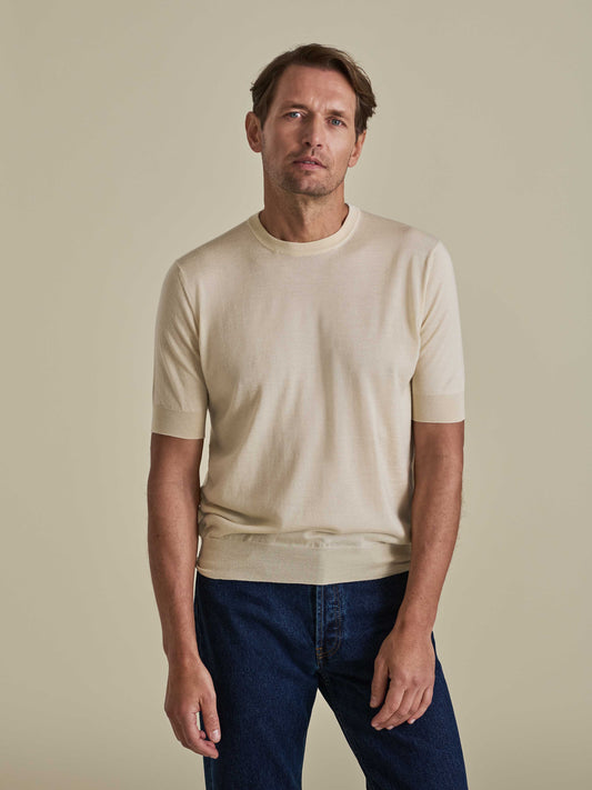 Cashmere Silk Ribbed T-Shirt Oat Model Cropped Image