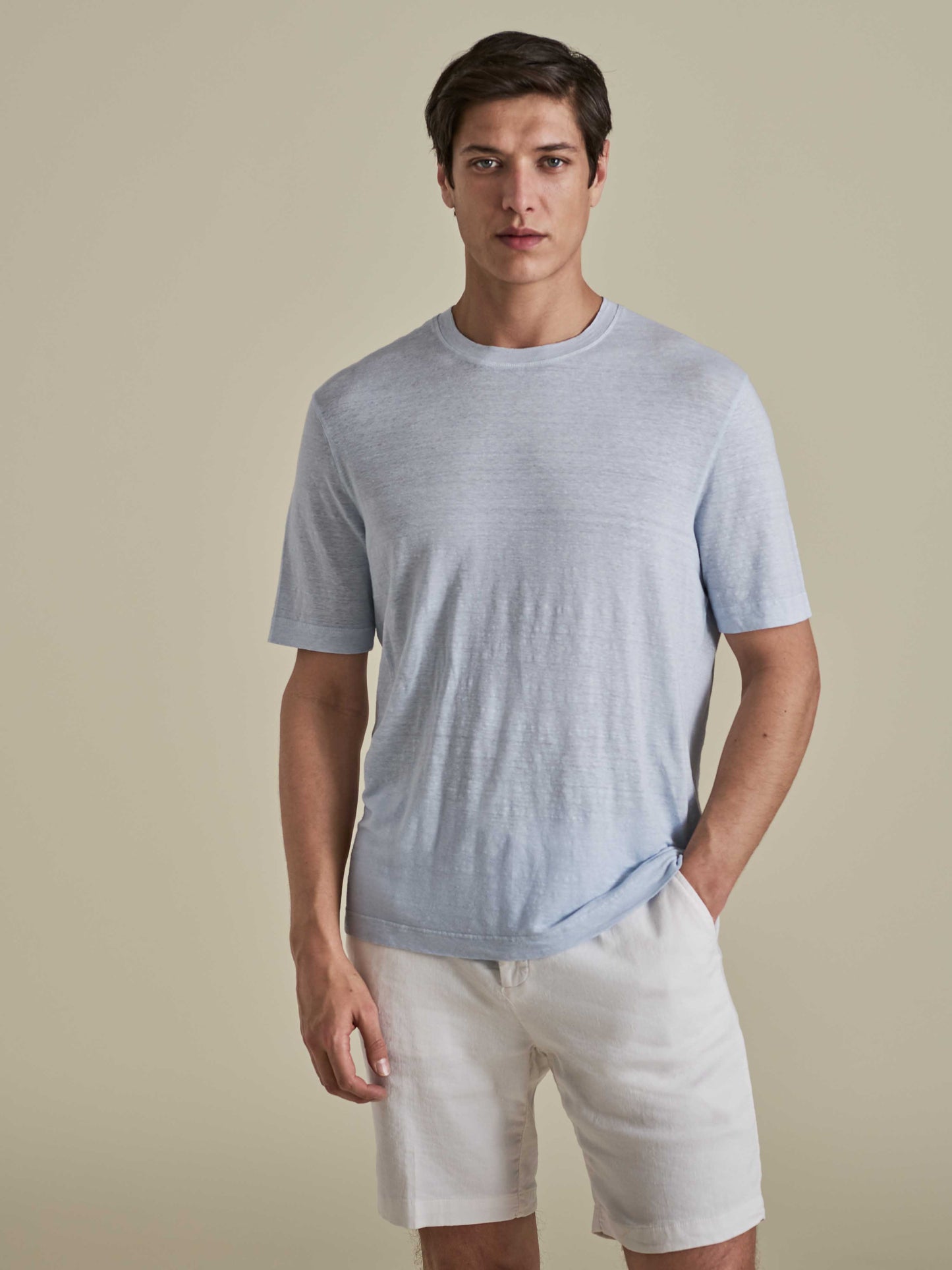 Linen Jersey T-Shirt Sky Blue Model Cropped Image