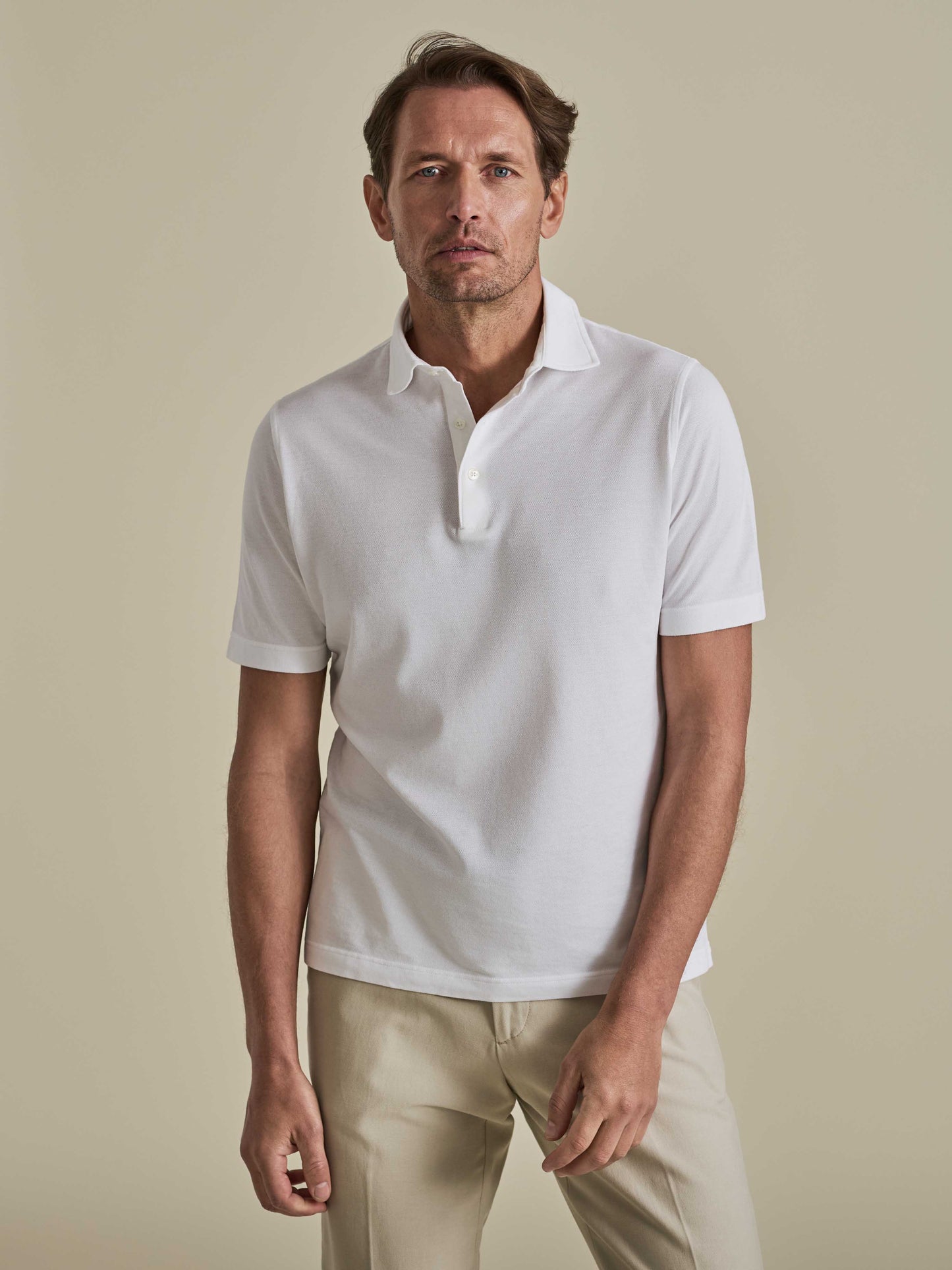 Cotton Pique Polo Shirt White Model Cropped Image