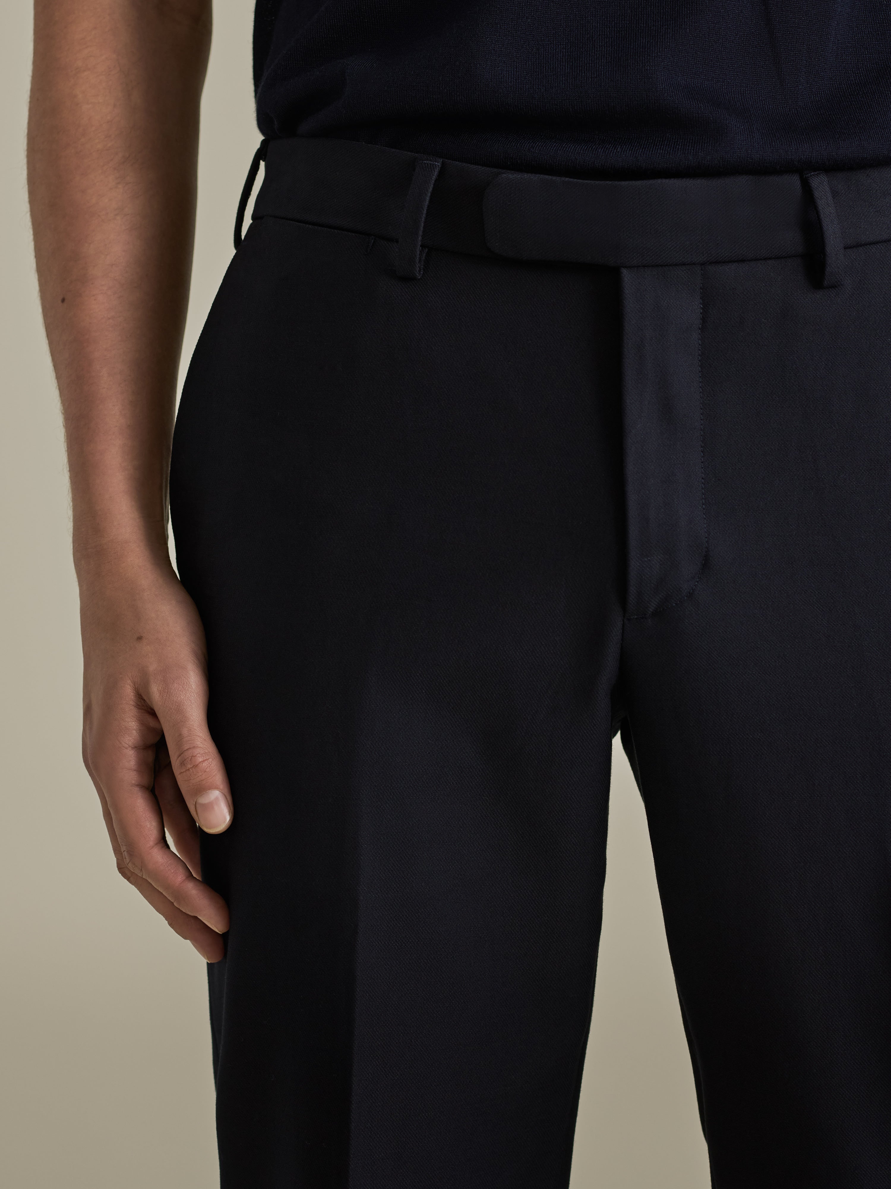 Cotton Easy Fit Flat Front Chinos Navy Model Waistband Image