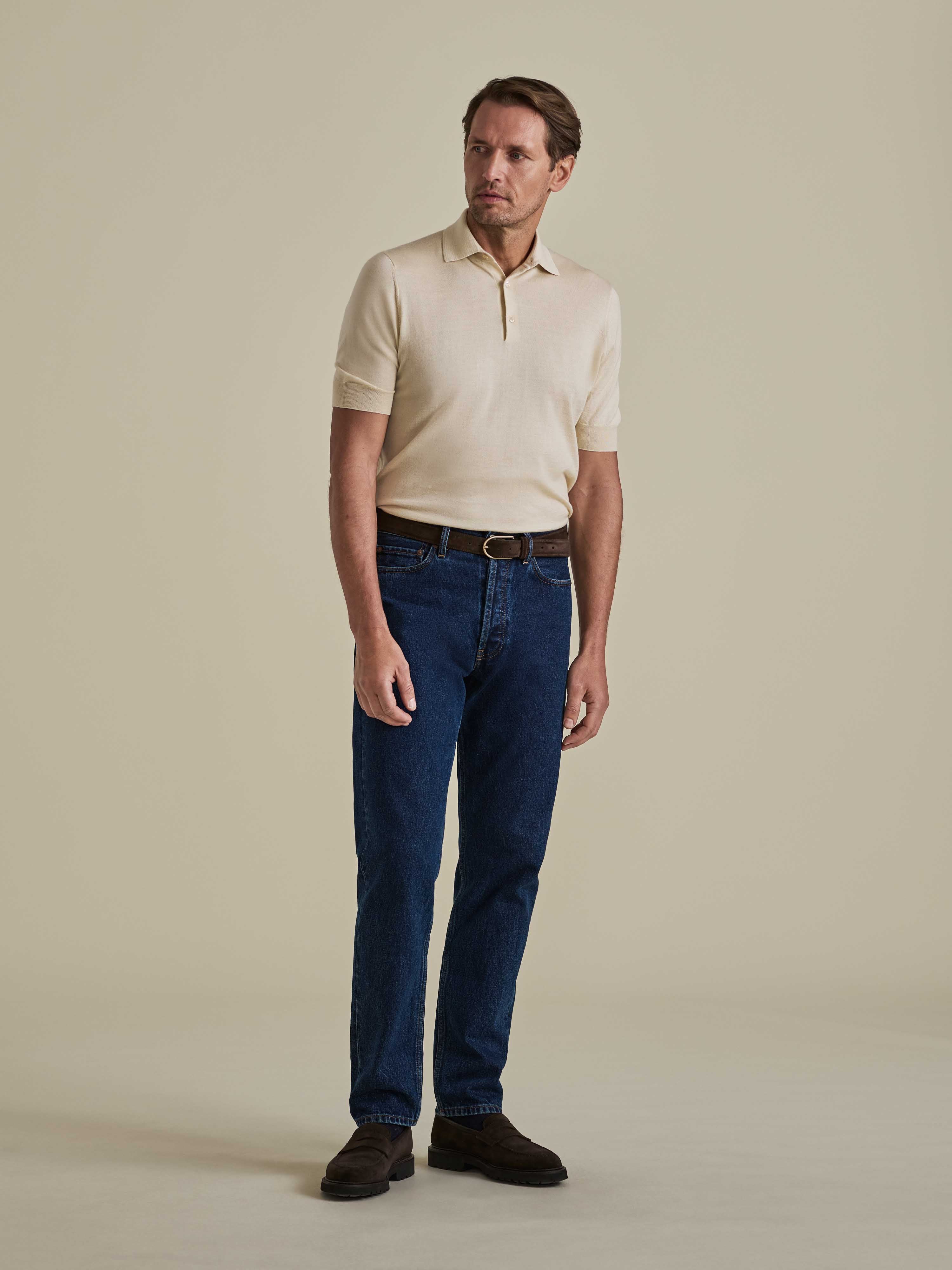 Cashmere Silk Polo Shirt Oat Model Image