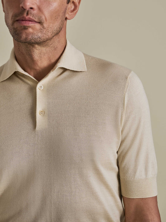 Cashmere Silk Polo Shirt Oat Model Collar Image