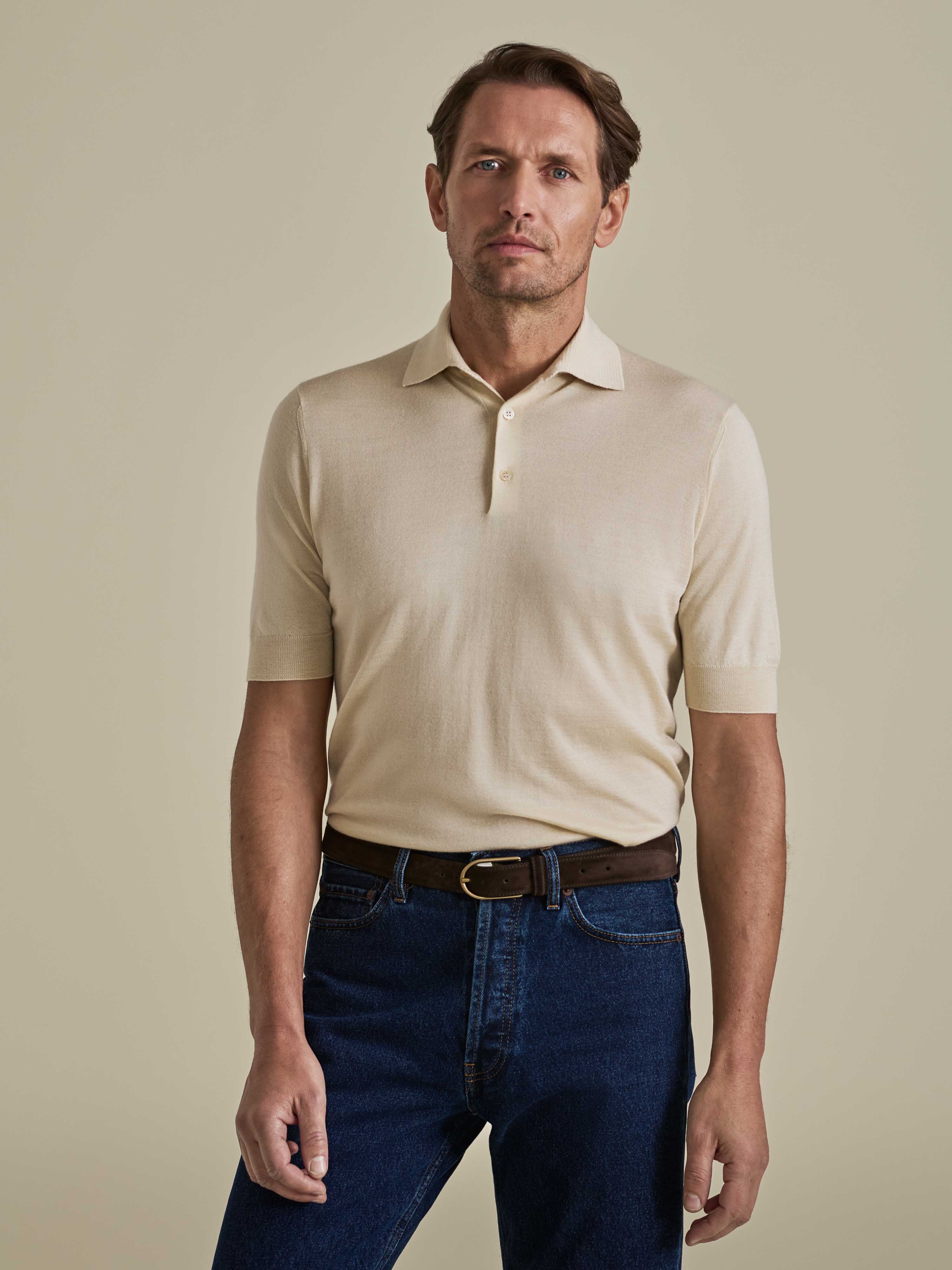 Cashmere Silk Polo Shirt Oat Model Cropped Image