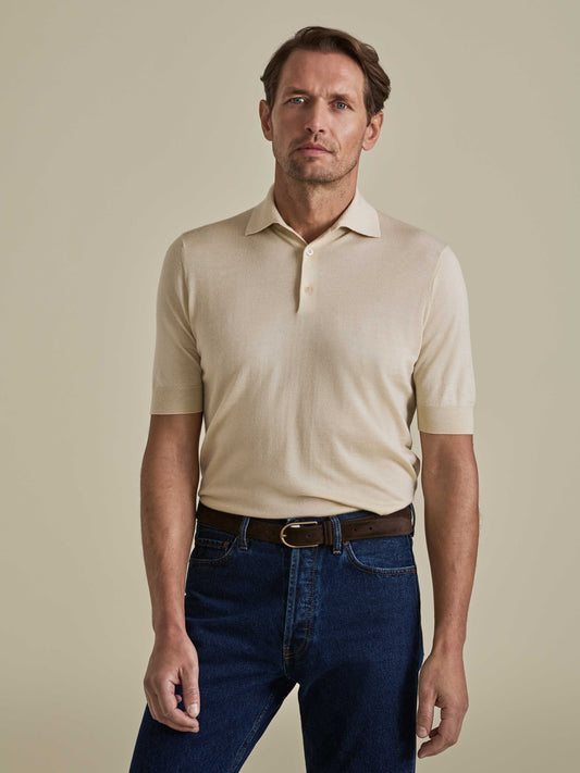 Cashmere Silk Polo Shirt Oat Model Cropped Image