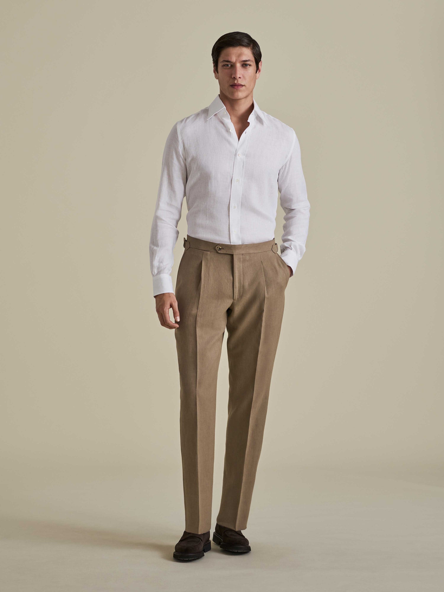 Linen Single Pleat Tailored Trousers Tan Model Image