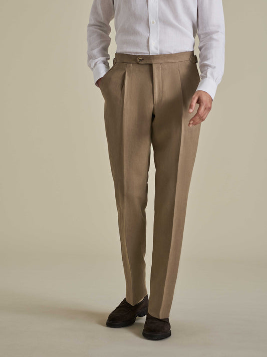 Linen Single Pleat Tailored Trousers Tan Model Cropped Image