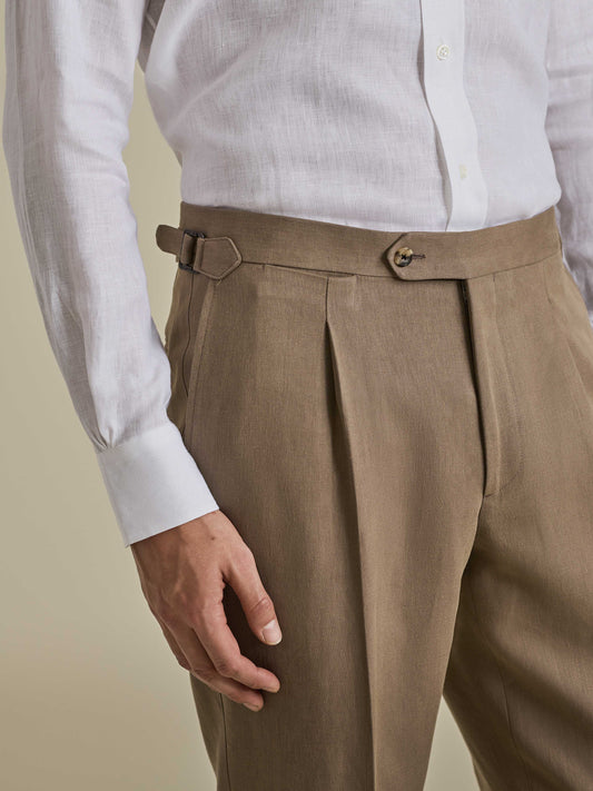 Linen Single Pleat Tailored Trousers Tan Model Waist Image