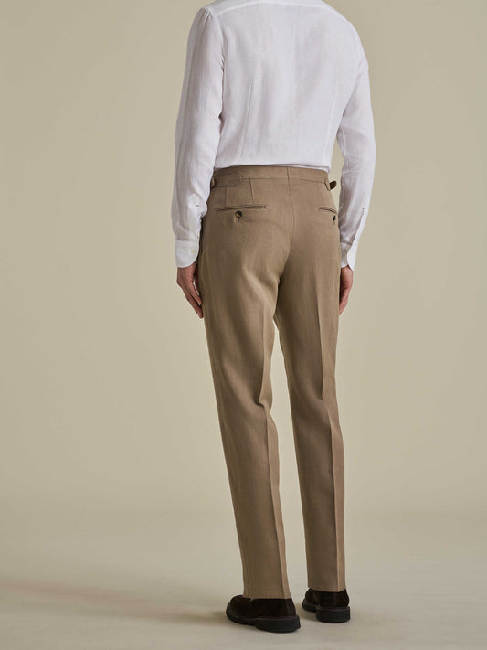 Linen Single Pleat Tailored Trousers Tan Model Back Image