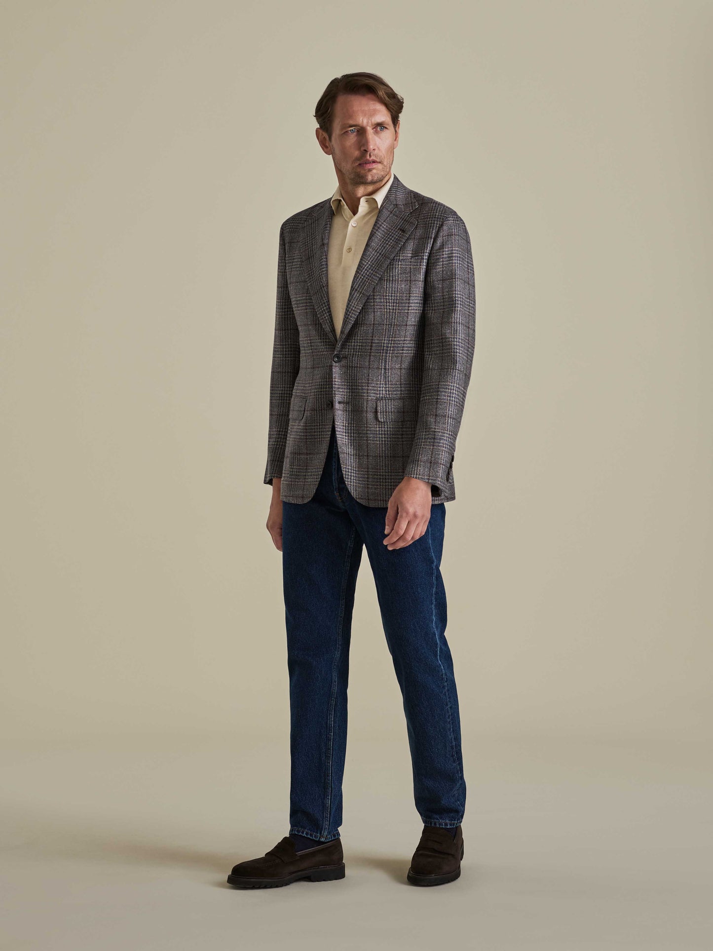 Wool Unstructured Single Breasted Jacket Brown Check Model Image