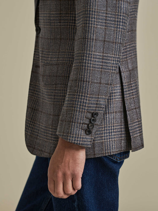 Wool Unstructured Single Breasted Jacket Brown Check Model Sleeve Image