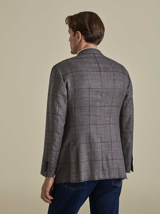 Wool Unstructured Single Breasted Jacket Brown Check Model Back Image