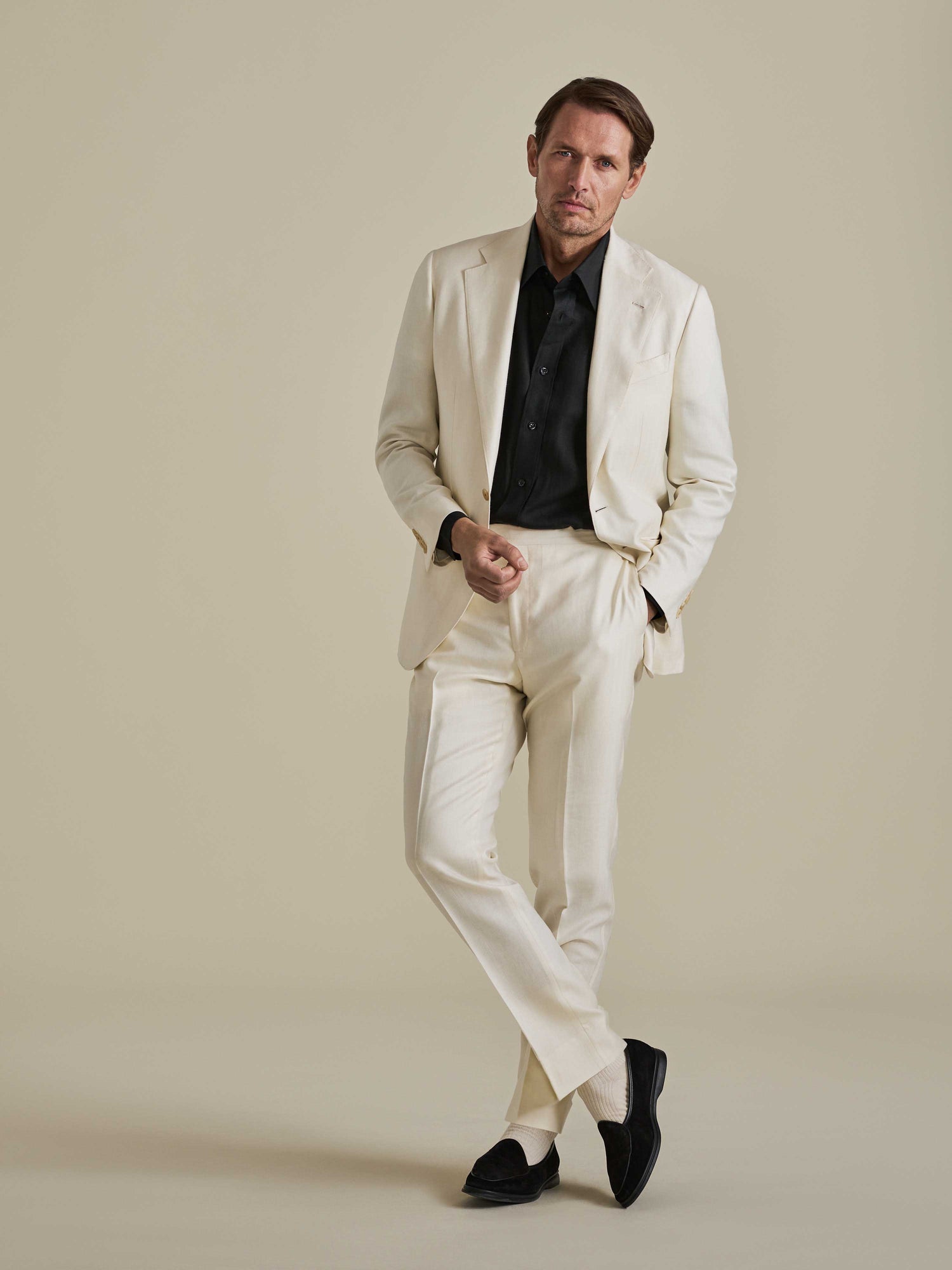 Wool Silk Single Breasted Suit Off White Model Image