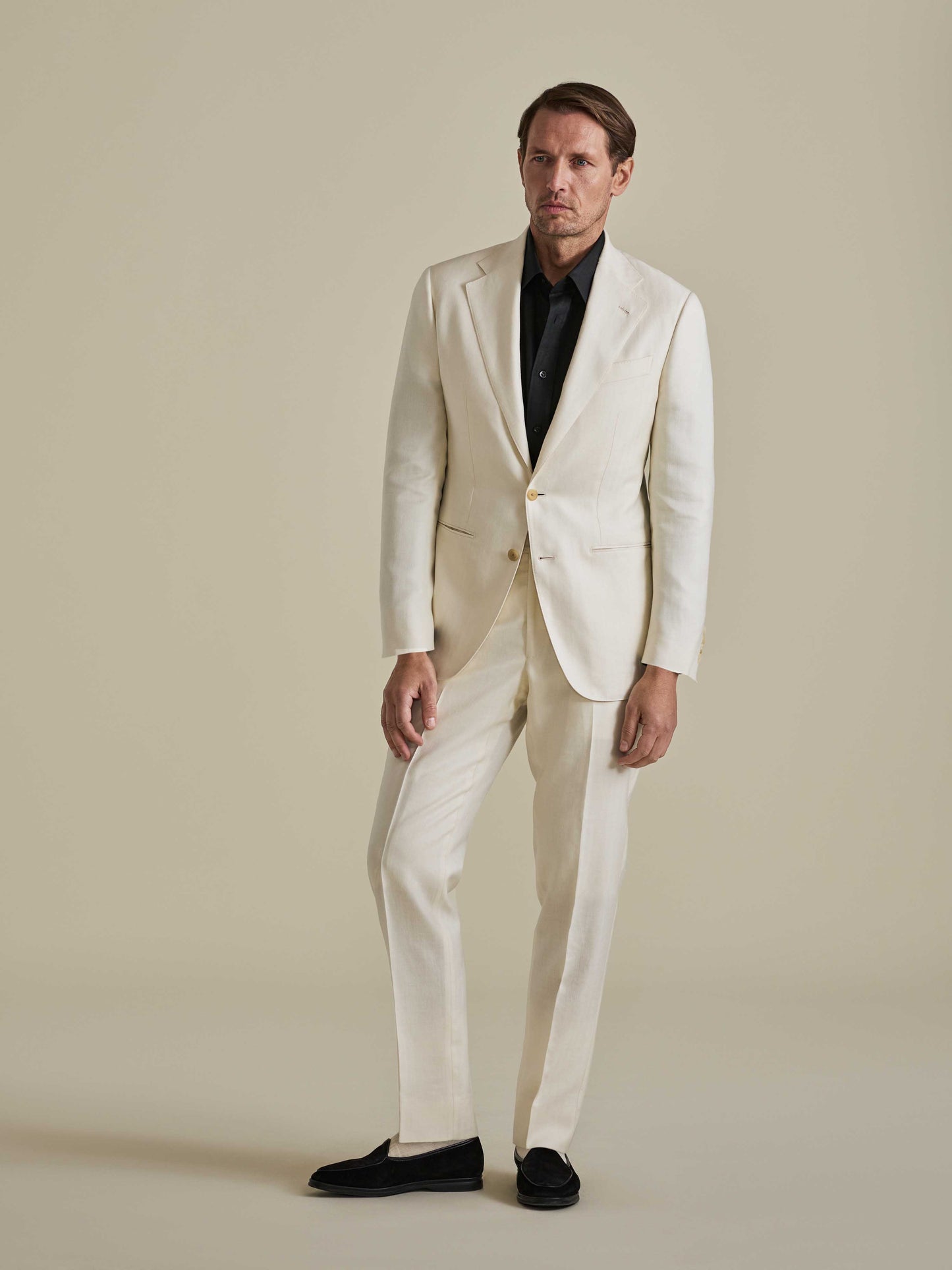 Wool Silk Single Breasted Suit Off White Model Full Length Image