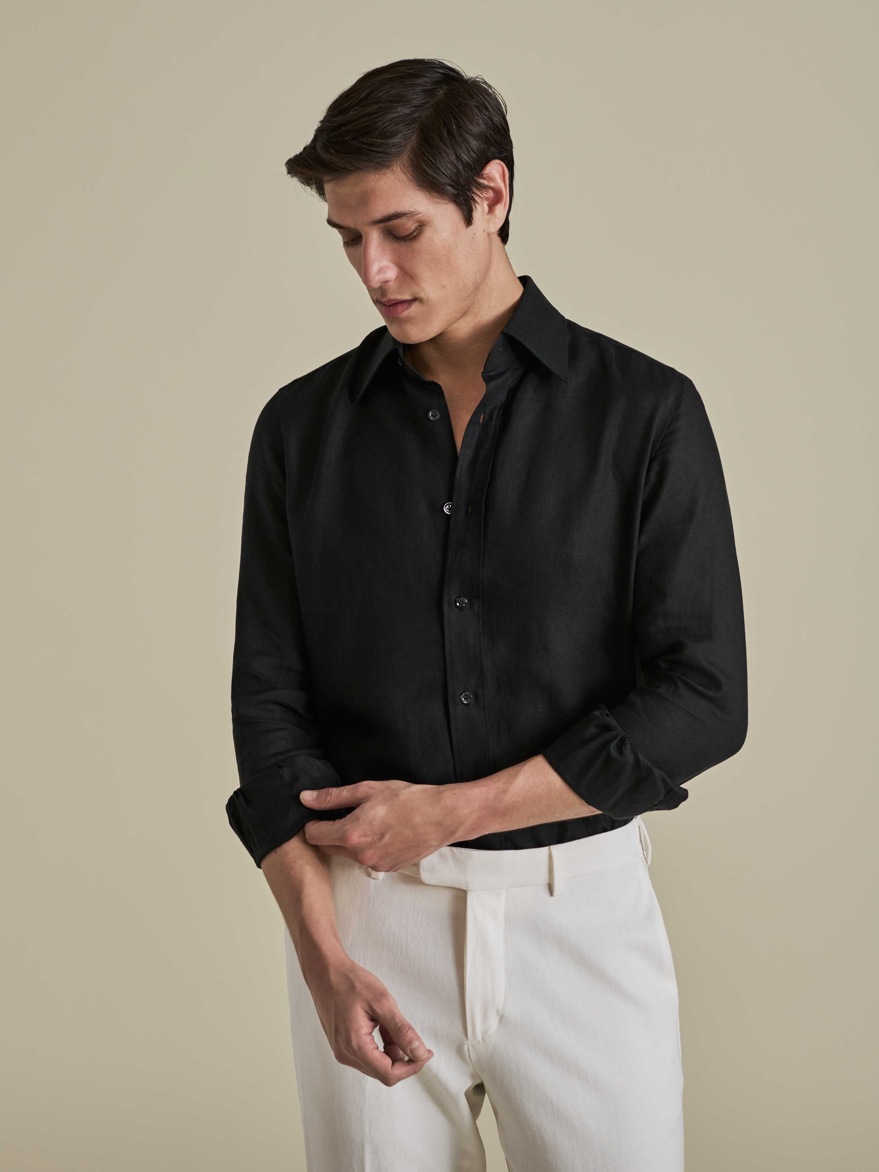 Linen Point Collar Shirt Black Model Cropped Image