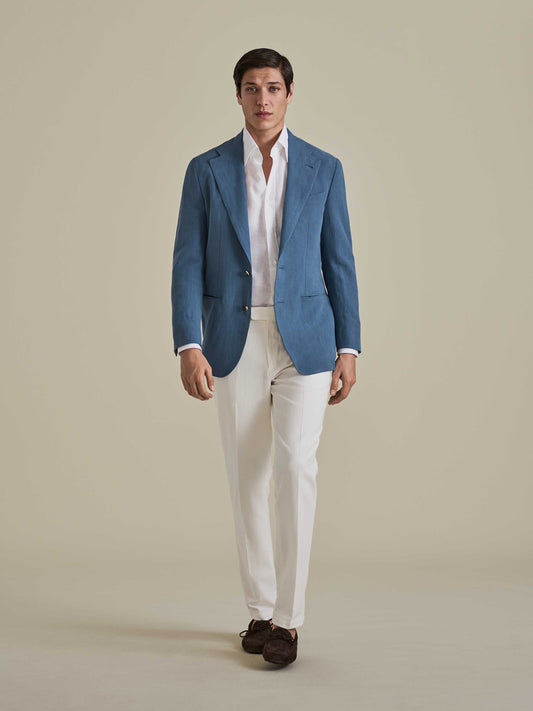 Linen Unstructured Single Breasted Jacket Mid Blue Model Image