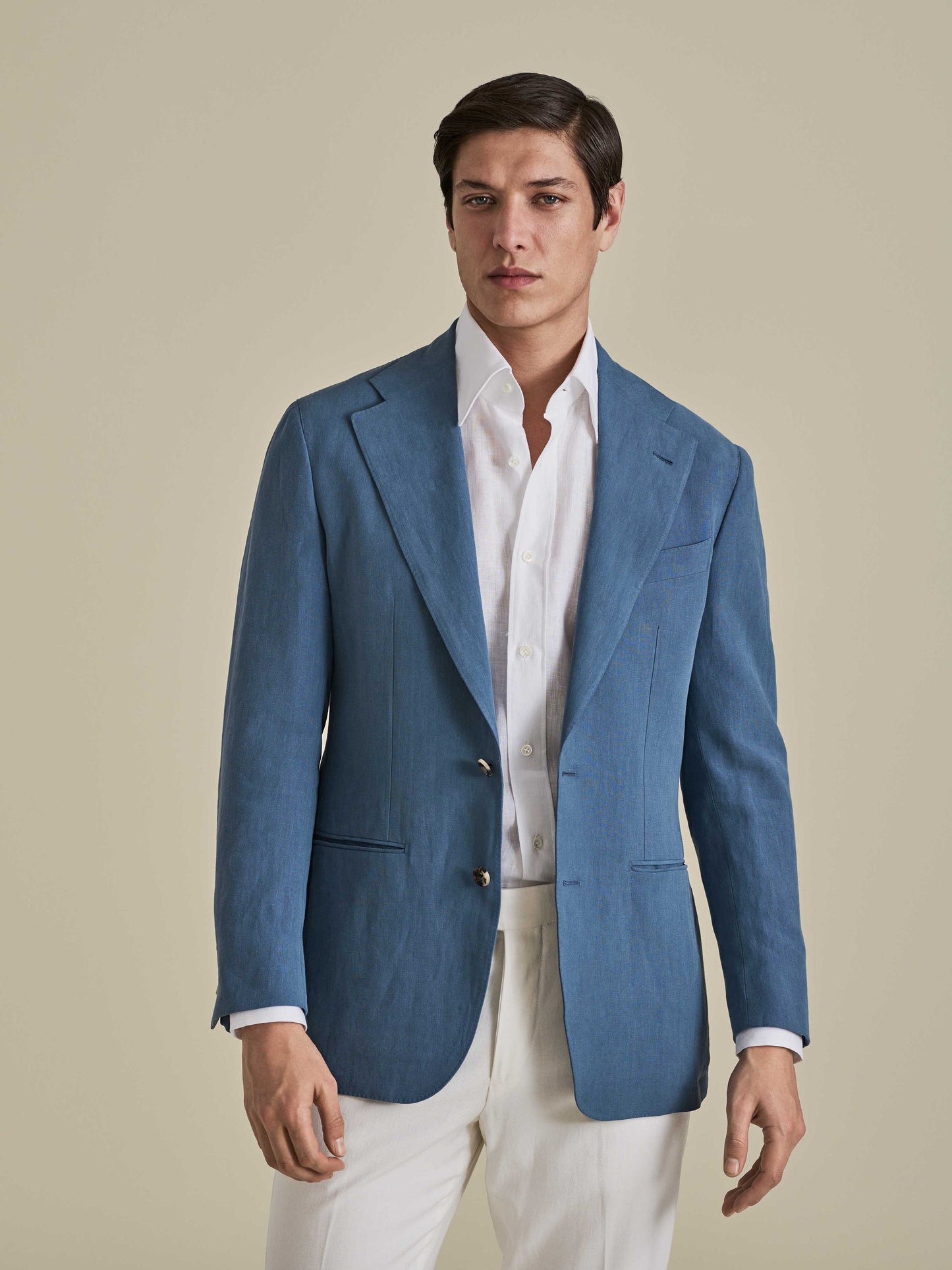 Linen Unstructured Single Breasted Jacket Mid Blue Model Cropped Image