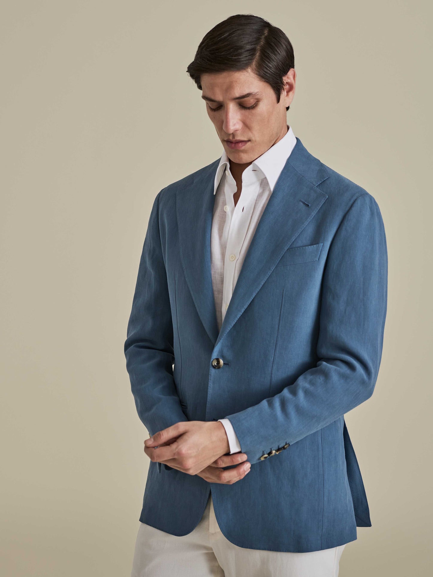 Linen Unstructured Single Breasted Jacket Mid Blue Model Sleeves Image