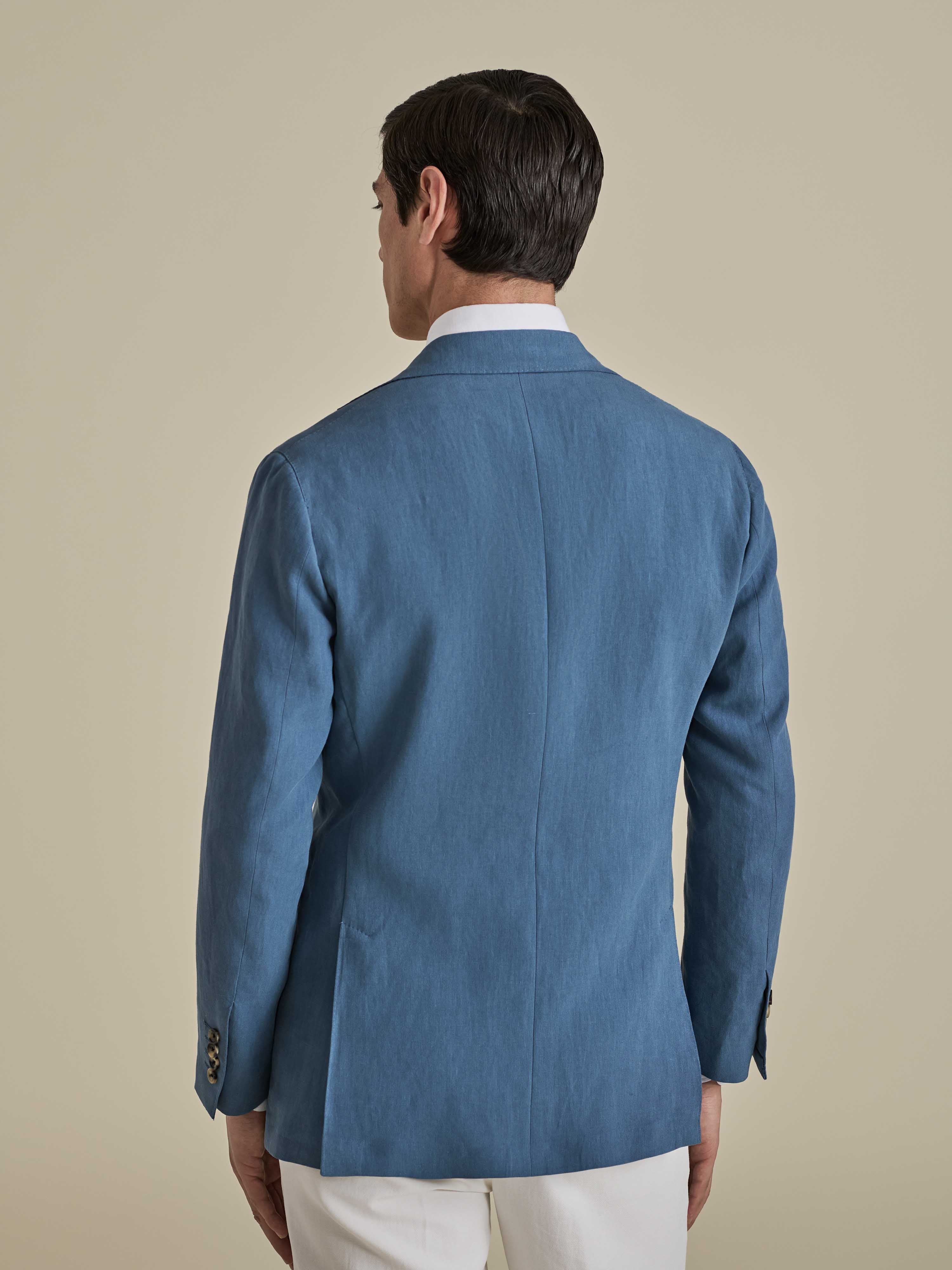 Linen Unstructured Single Breasted Jacket Mid Blue Model Back Image