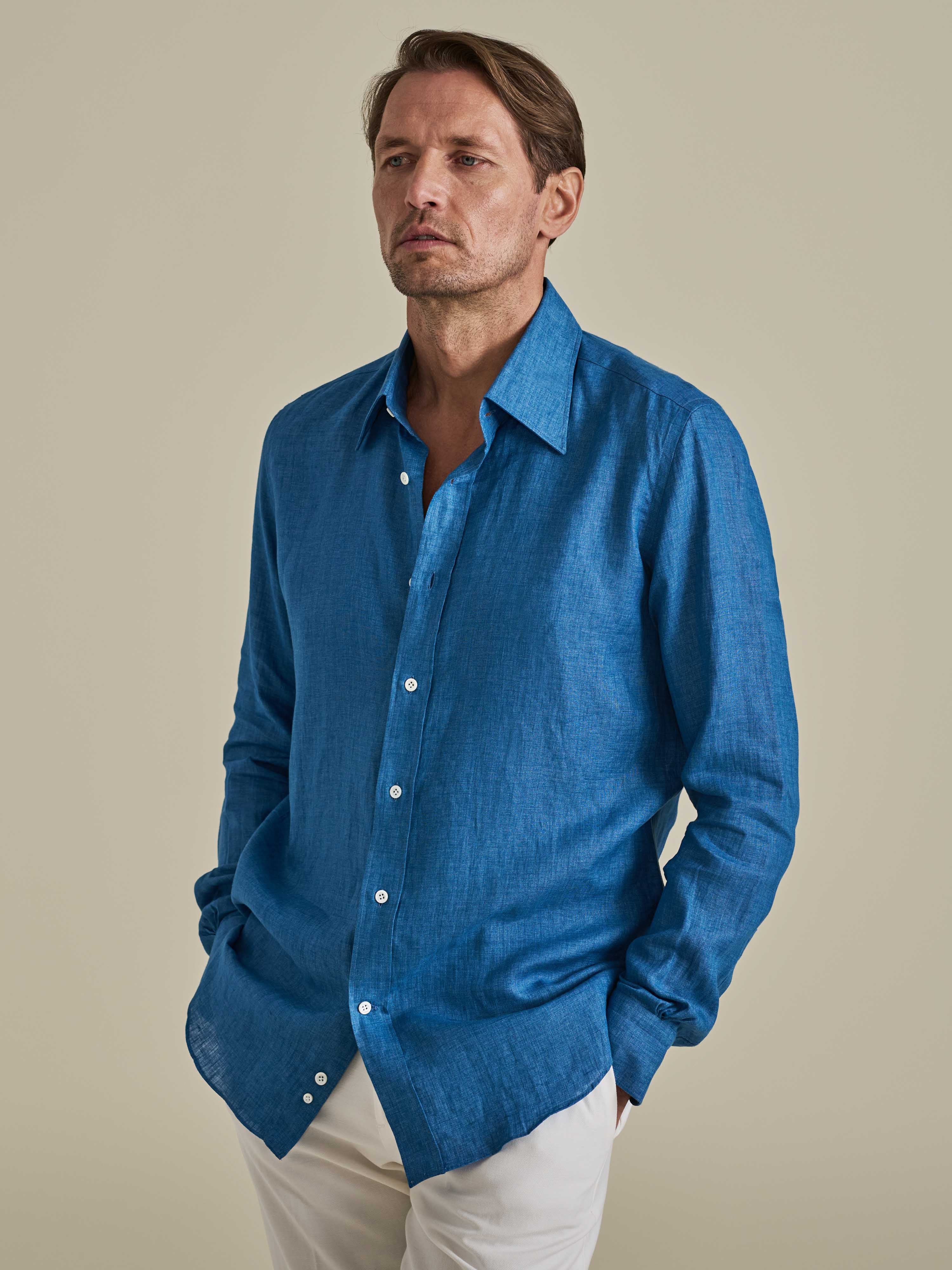 Linen Point Collar Shirt Blue Model Cropped Image