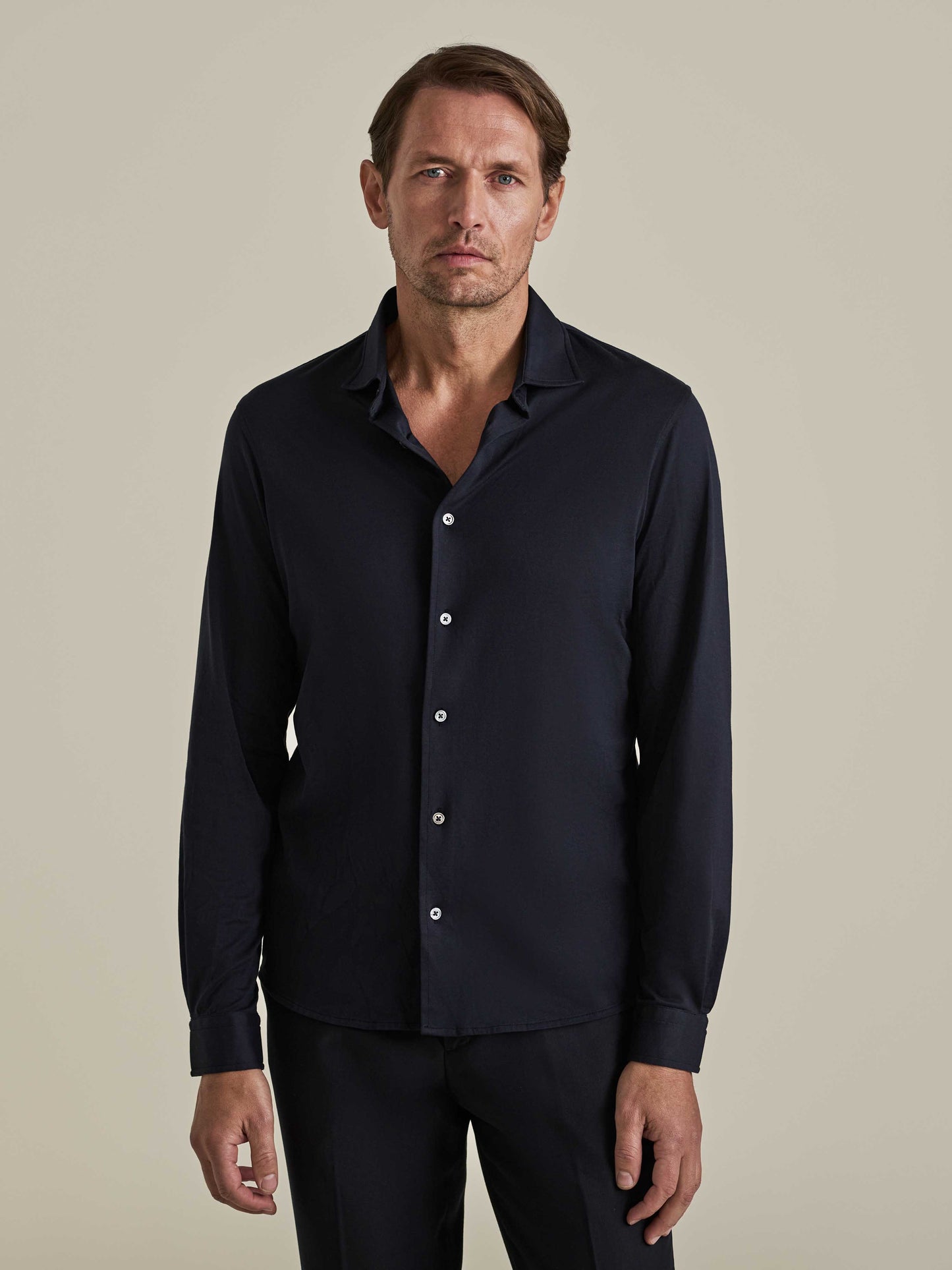 Cotton Jersey Long Sleeve Button Through Polo Shirt Navy Model Cropped Image