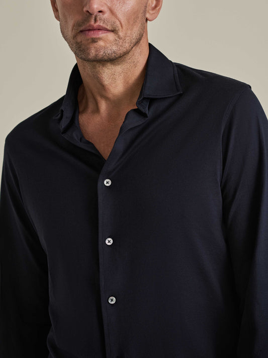 Cotton Jersey Long Sleeve Button Through Polo Shirt Navy Model Collar Image