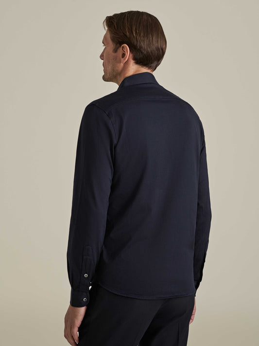 Cotton Jersey Long Sleeve Button Through Polo Shirt Navy Model Back Image