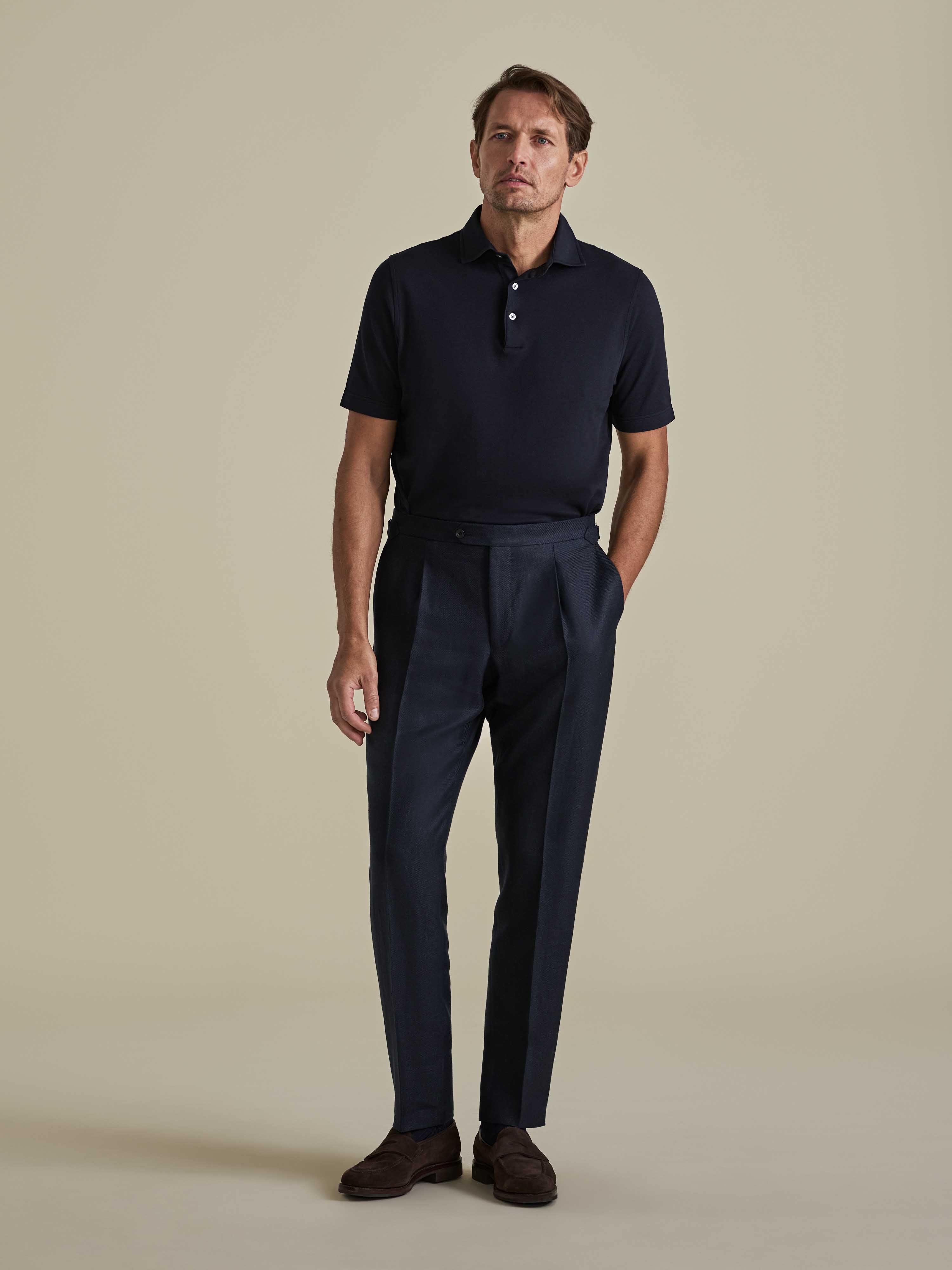 Linen Wool Single Pleat Tailored Trousers Navy Model Image