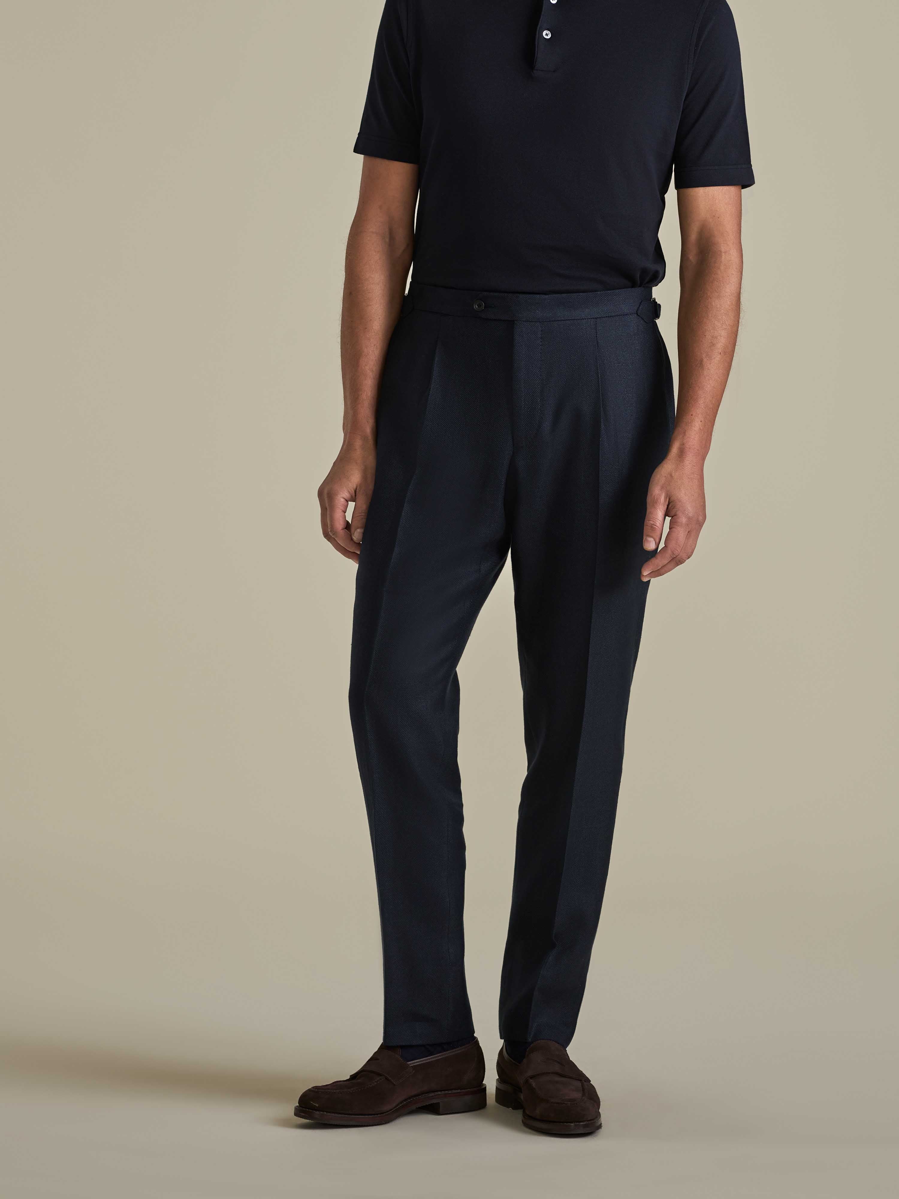 Linen Wool Single Pleat Tailored Trousers Navy Model Cropped Image