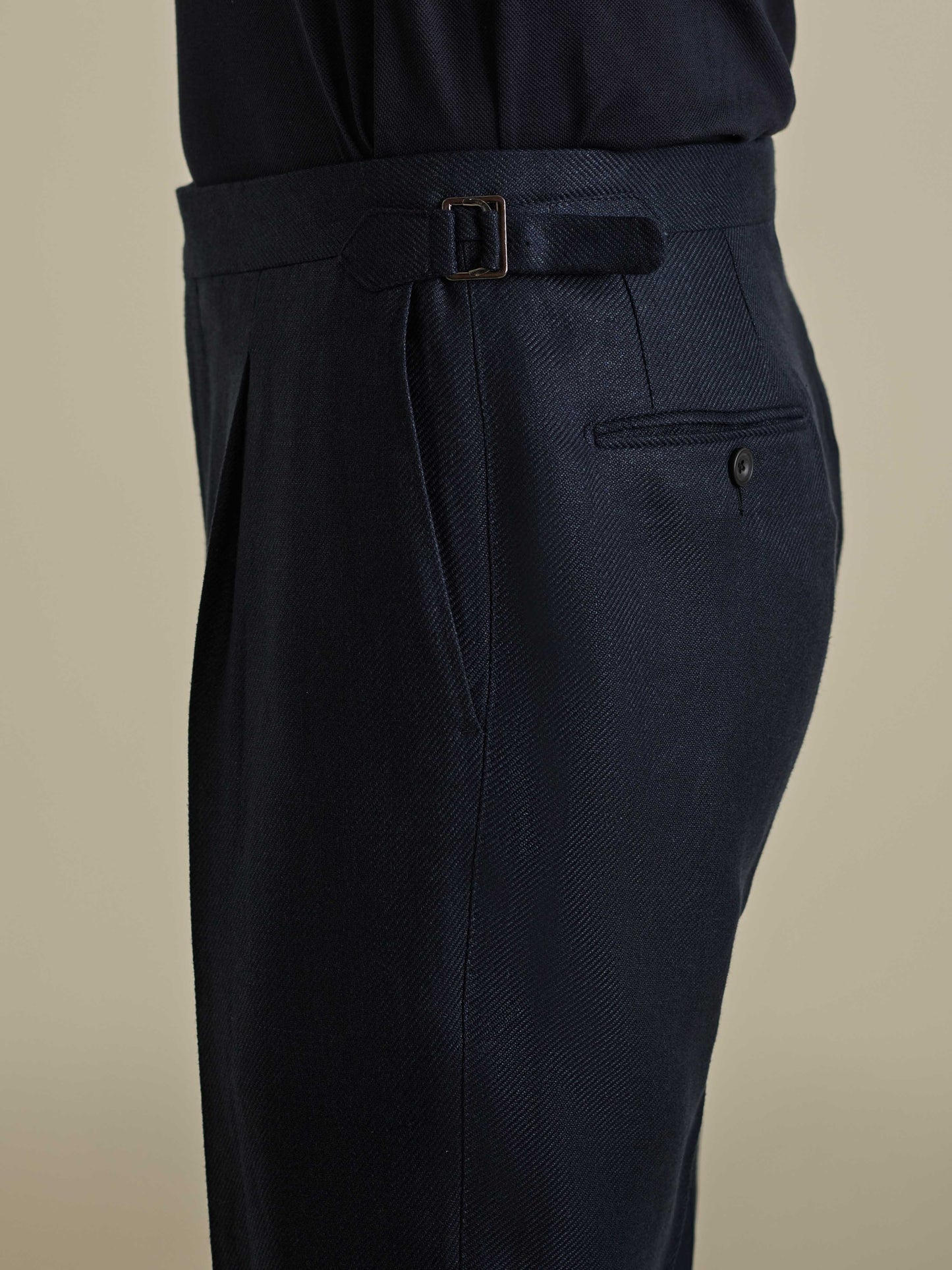 Linen Wool Single Pleat Tailored Trousers Navy Model Waist Image