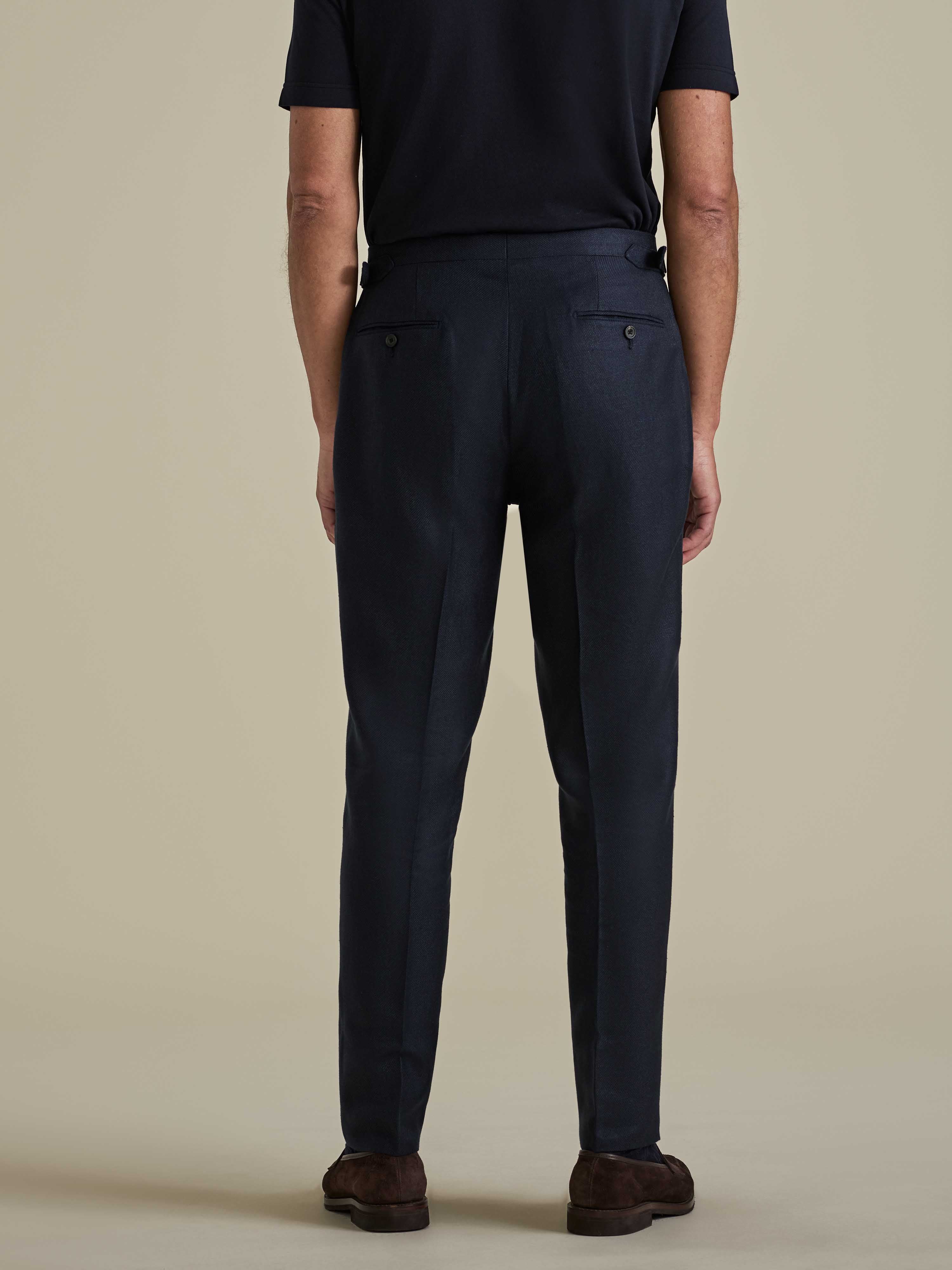 Linen Wool Single Pleat Tailored Trousers Navy Model Back Image