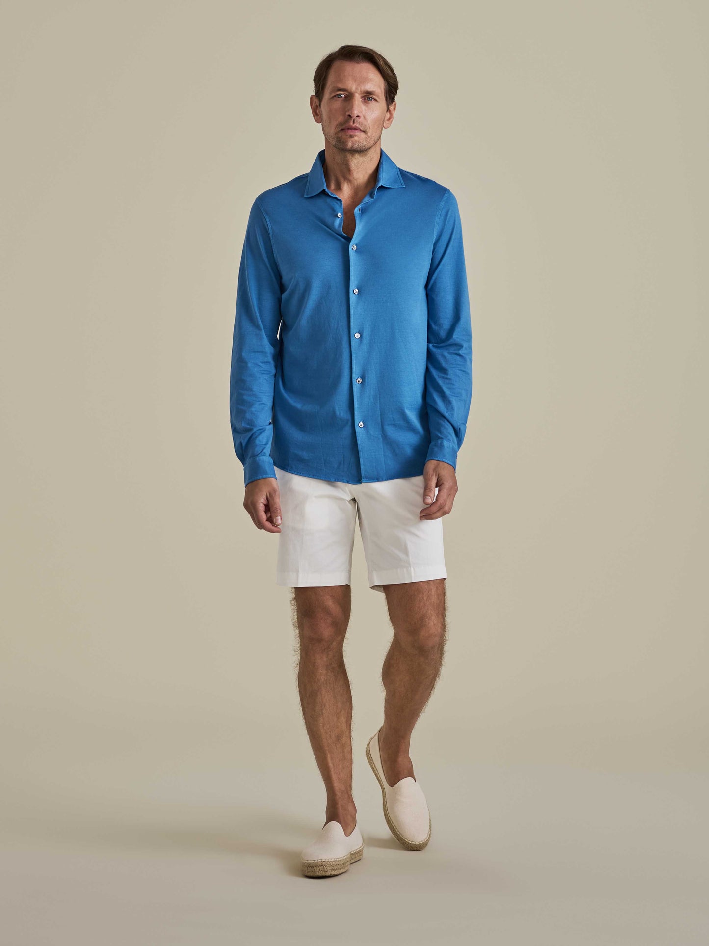 Cotton Jersey Long Sleeve Button Through Polo Shirt Mid Blue Model Image