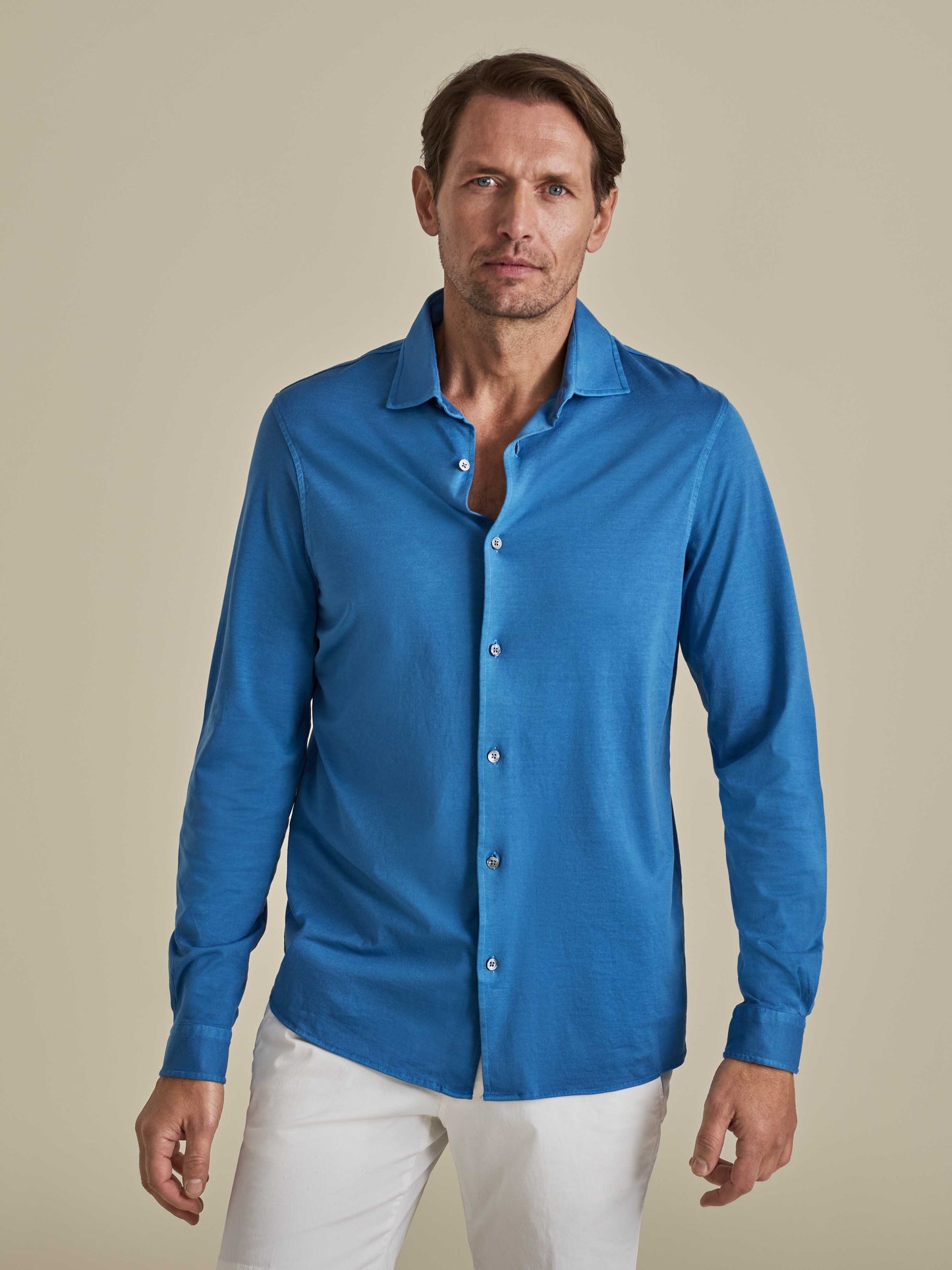 Cotton Jersey Long Sleeve Button Through Polo Shirt Mid Blue Model Cropped Image