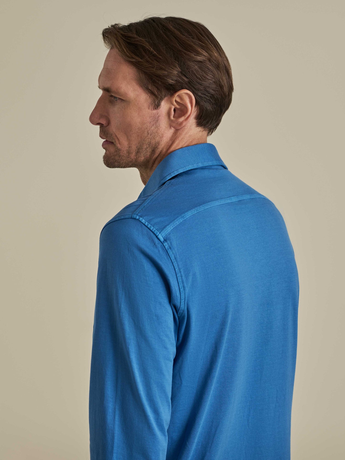 Cotton Jersey Long Sleeve Button Through Polo Shirt Mid Blue Model Back Image