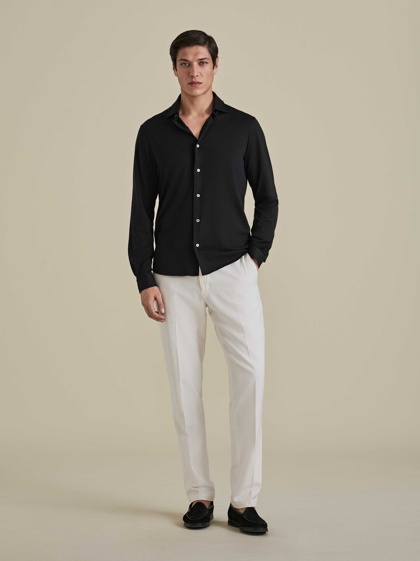 Cotton Jersey Long Sleeve Button Through Polo Shirt Black Model Image