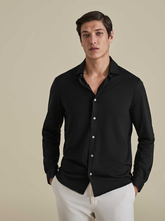 Cotton Jersey Long Sleeve Button Through Polo Shirt Black Model Cropped Image