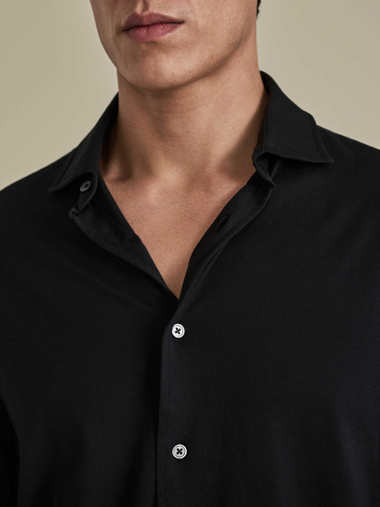 Cotton Jersey Long Sleeve Button Through Polo Shirt Black Model Neck Image