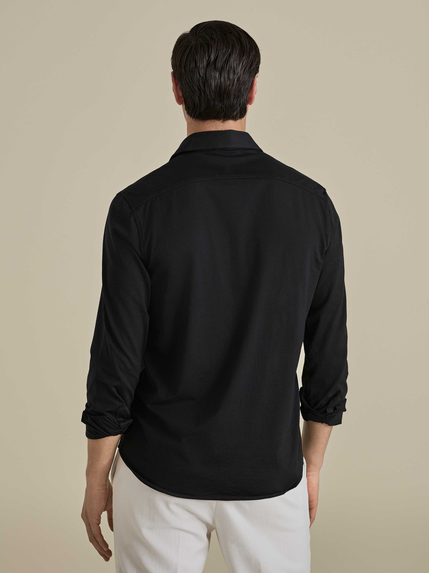 Cotton Jersey Long Sleeve Button Through Polo Shirt Black Model Back Image