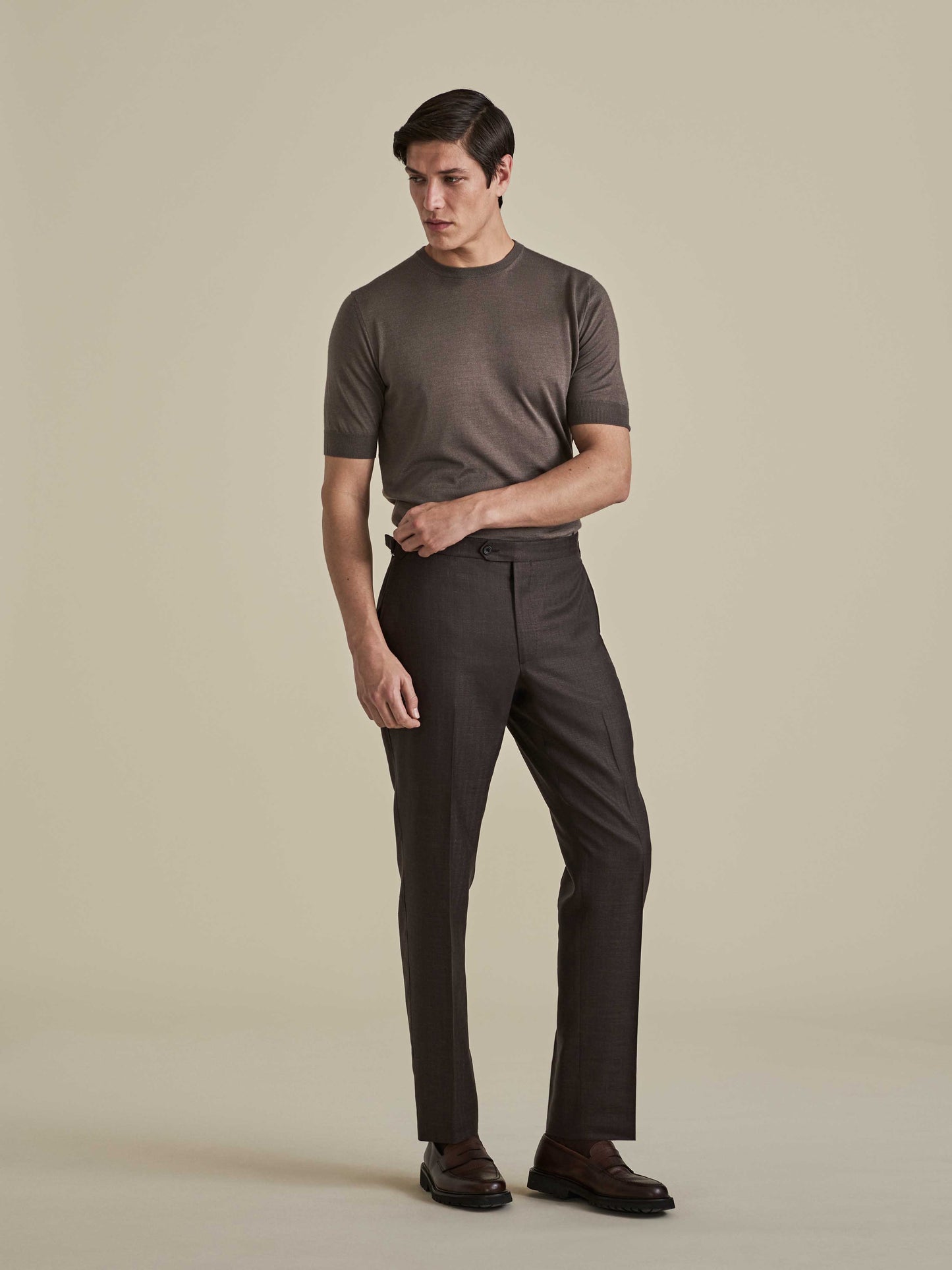 Wool Flat Front Tailored Trousers Brown Model Image