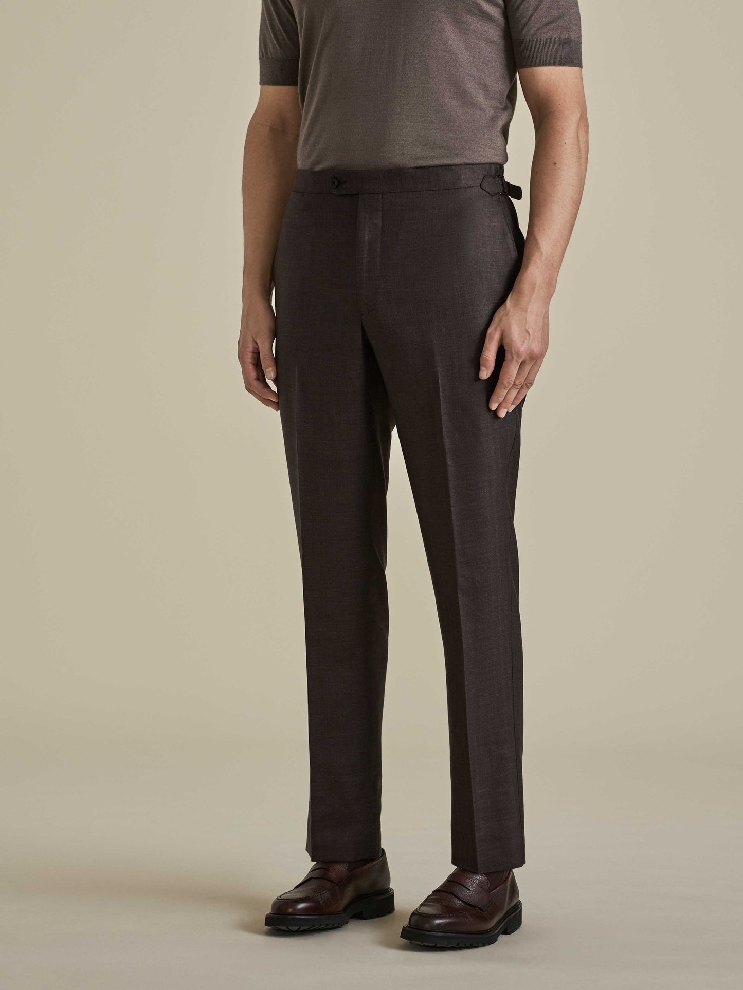 Wool Flat Front Tailored Trousers Brown Model Cropped Image